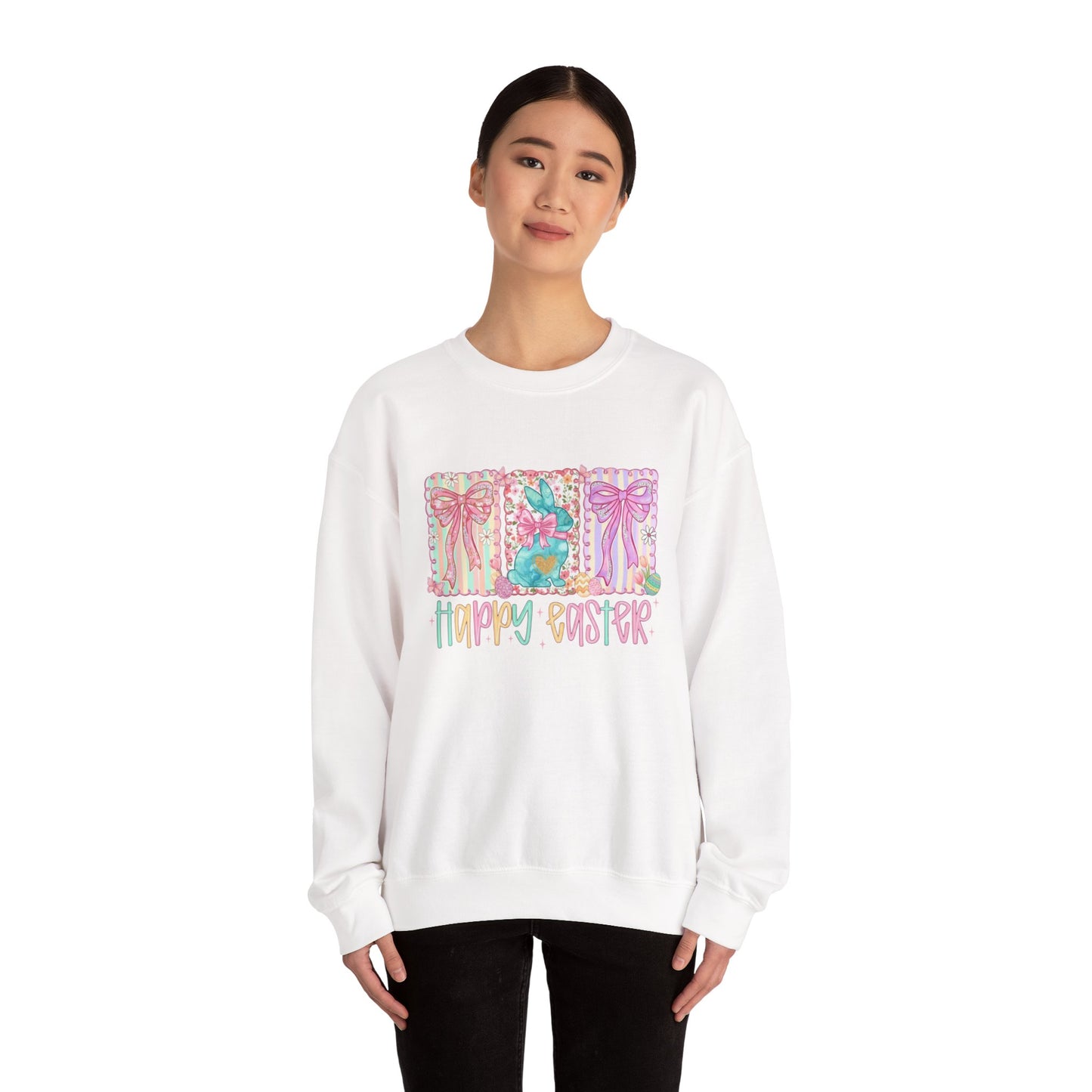 Easter Bunny Garden Sweatshirt — "Happy Easter" Pastel Holiday Crewneck