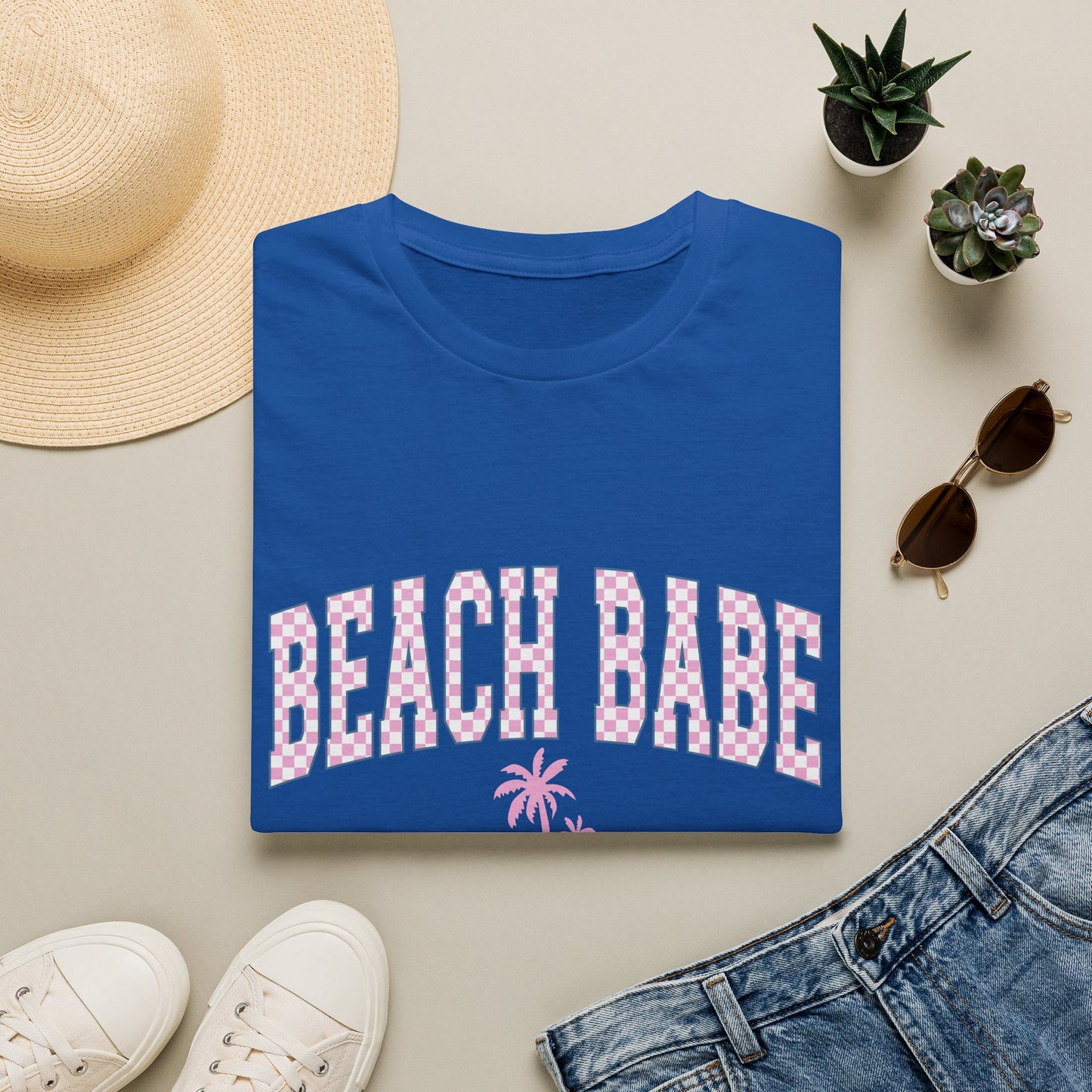Beach Babe T-Shirt — Pink Check Retro Palm Tee for Summer & Vacation