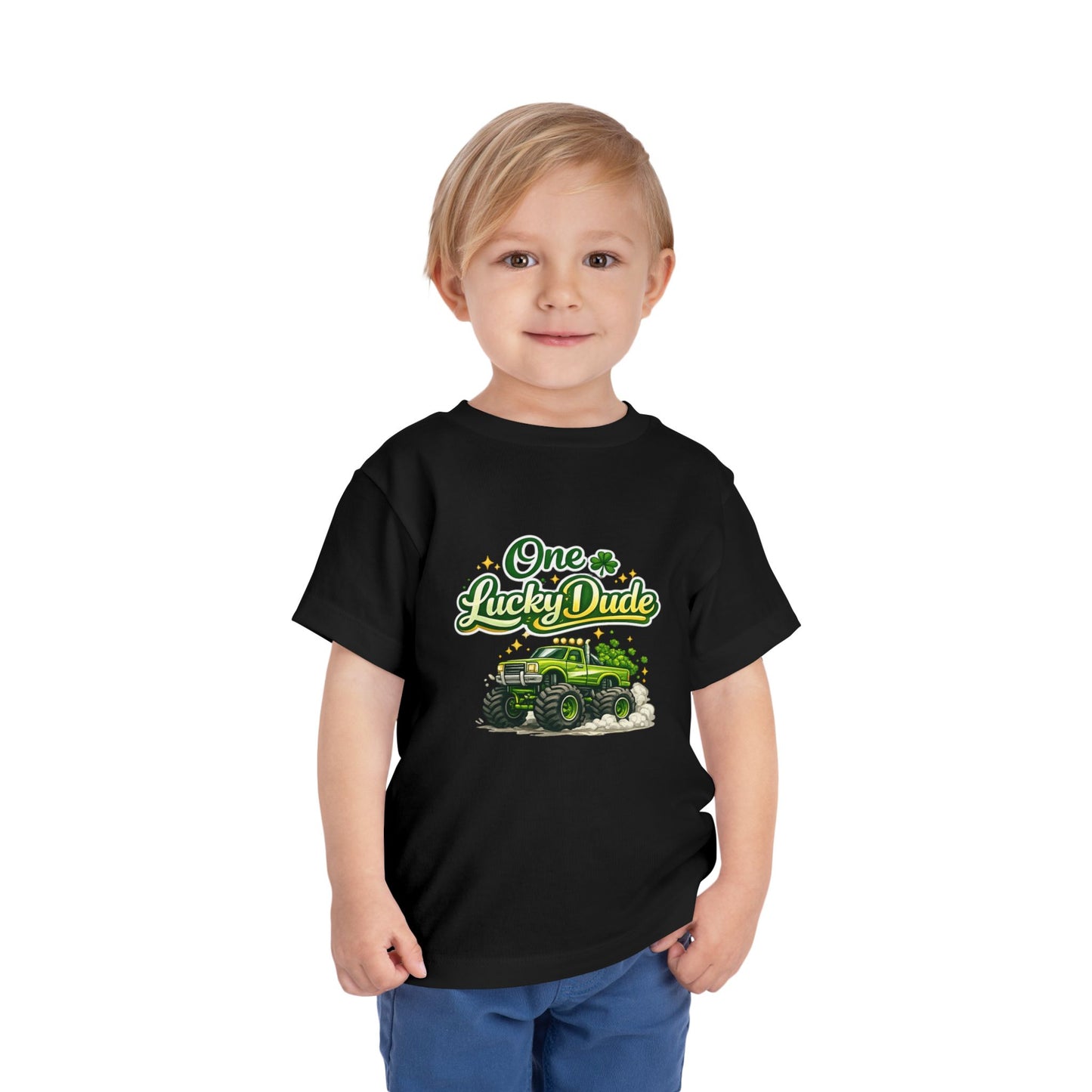 Toddler Tee — "One Lucky Dude" Green Monster Truck St. Patrick's Day Shirt