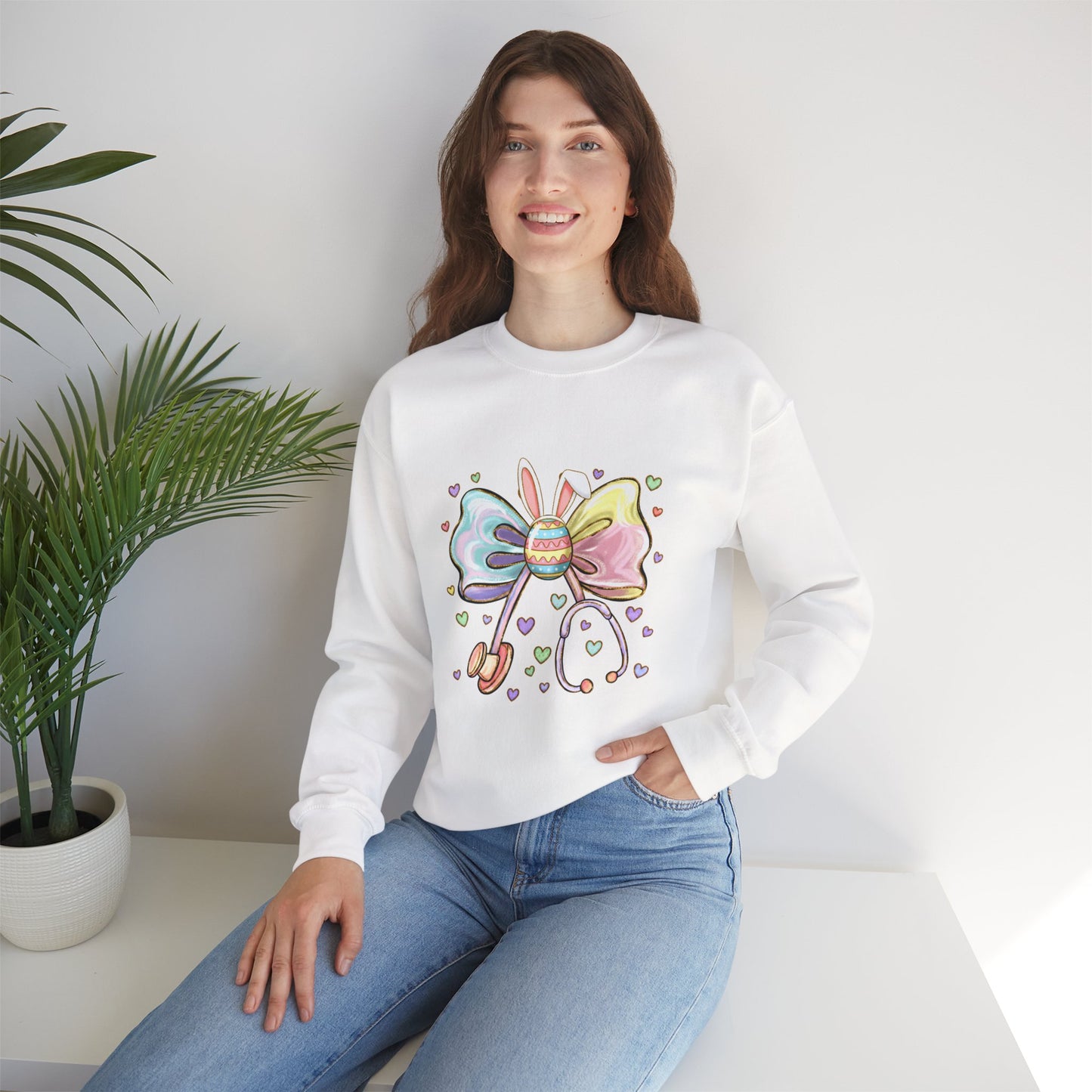 Easter Pastel Bow Crewneck Sweatshirt — Cute Bunny Egg Ribbon Design