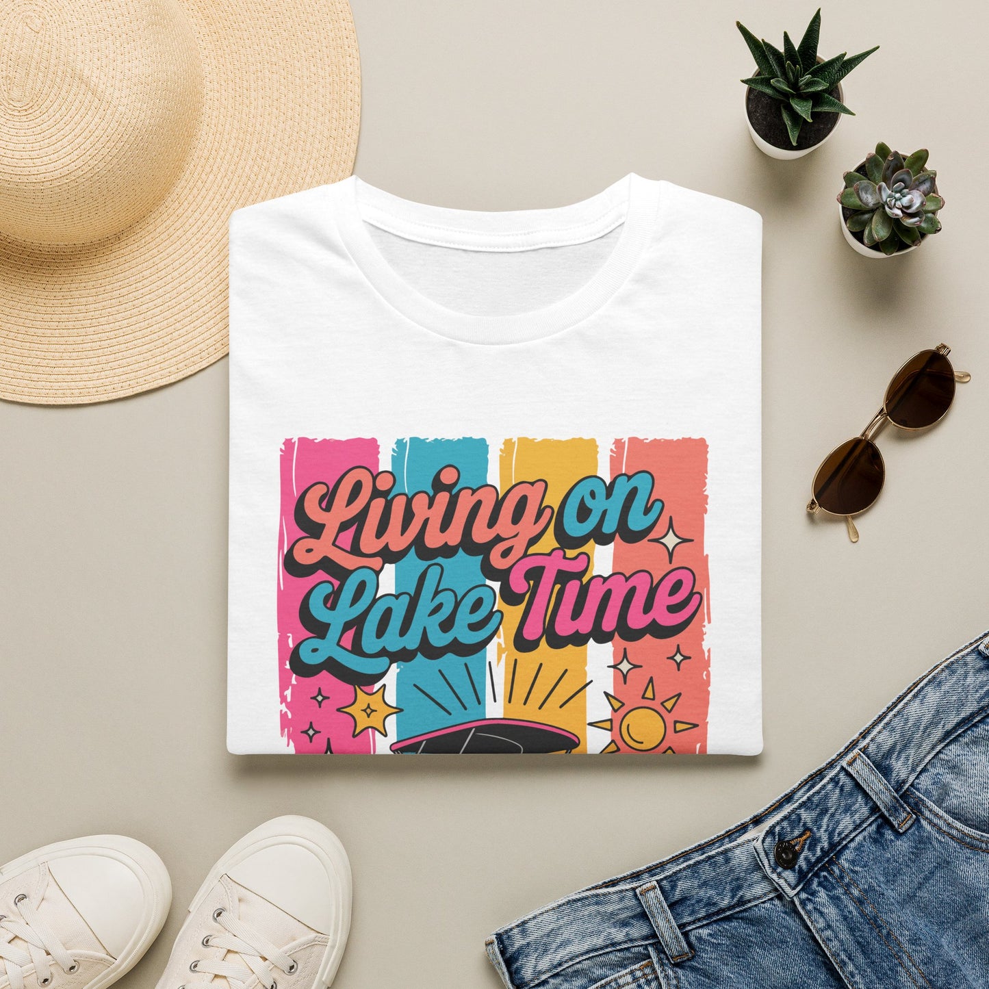 Lake Time T-Shirt — "Living on Lake Time" Retro Boat Graphic