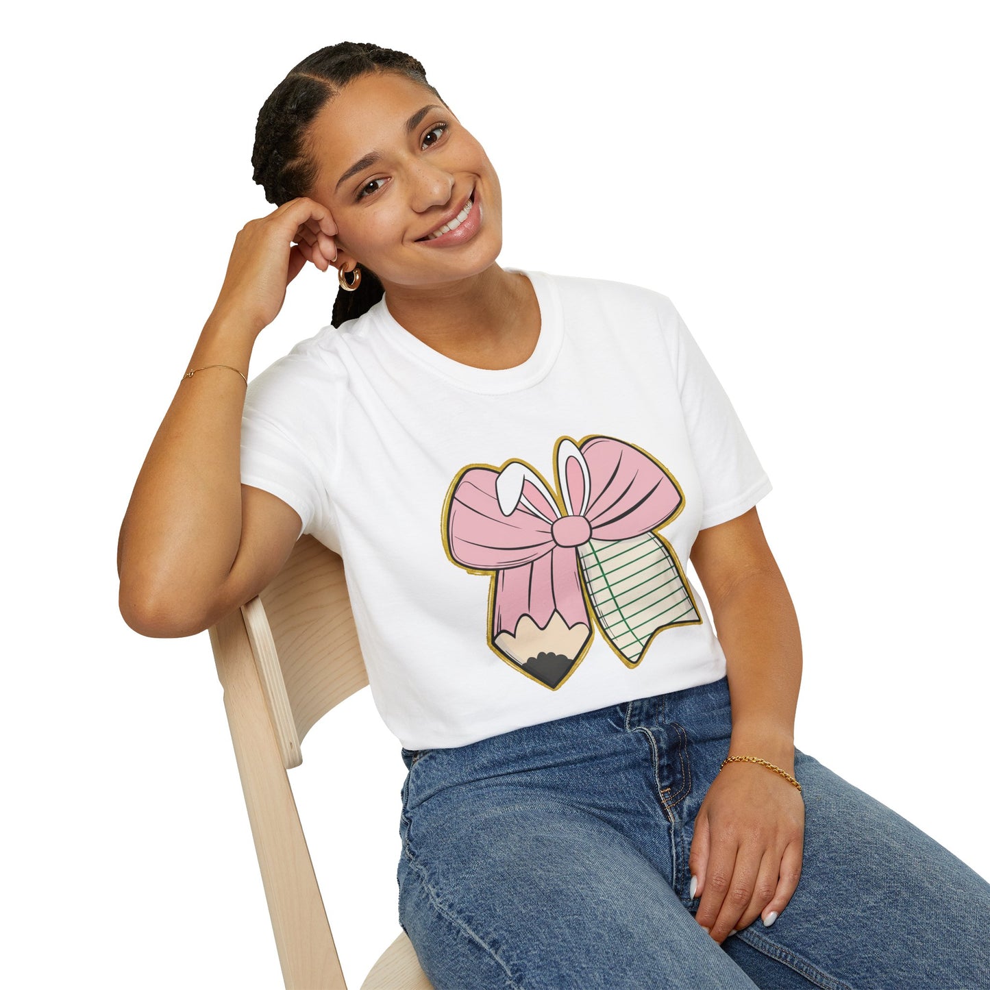 Girls' Back-to-School Bow Pencil T-Shirt — Cute Pink Ribbon & Notebook Graphic