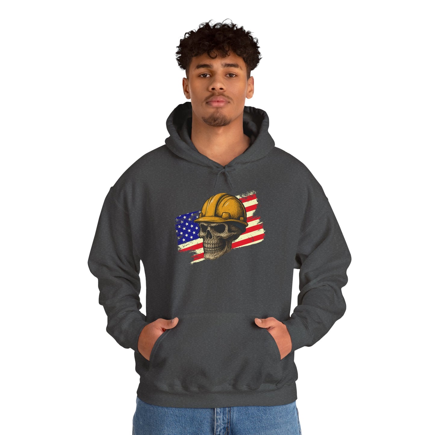 American Construction Skull Hoodie — Worker Hard Hat Flag Design