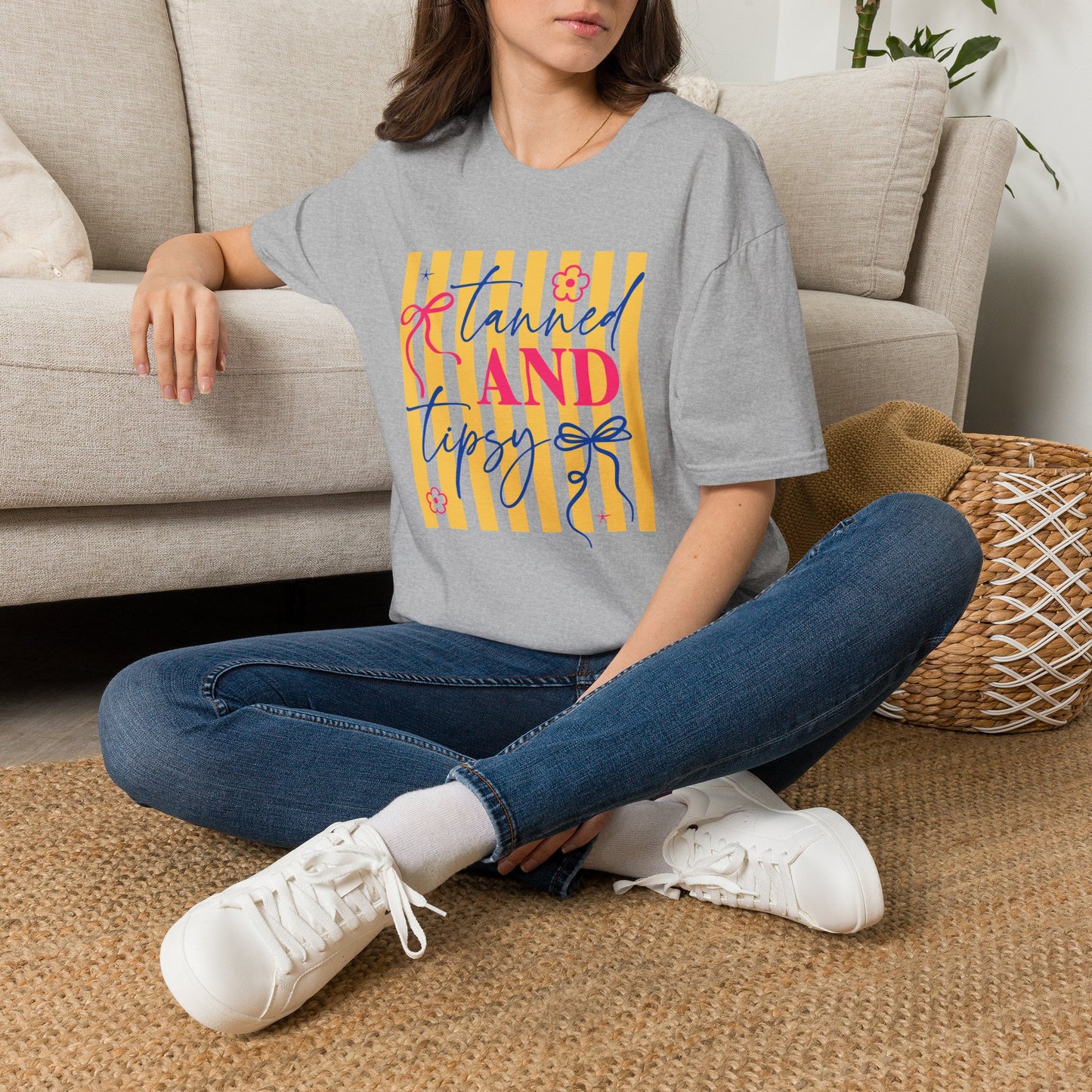 T-Shirt — "Tanned and Tipsy" Summer Stripe Graphic Tee