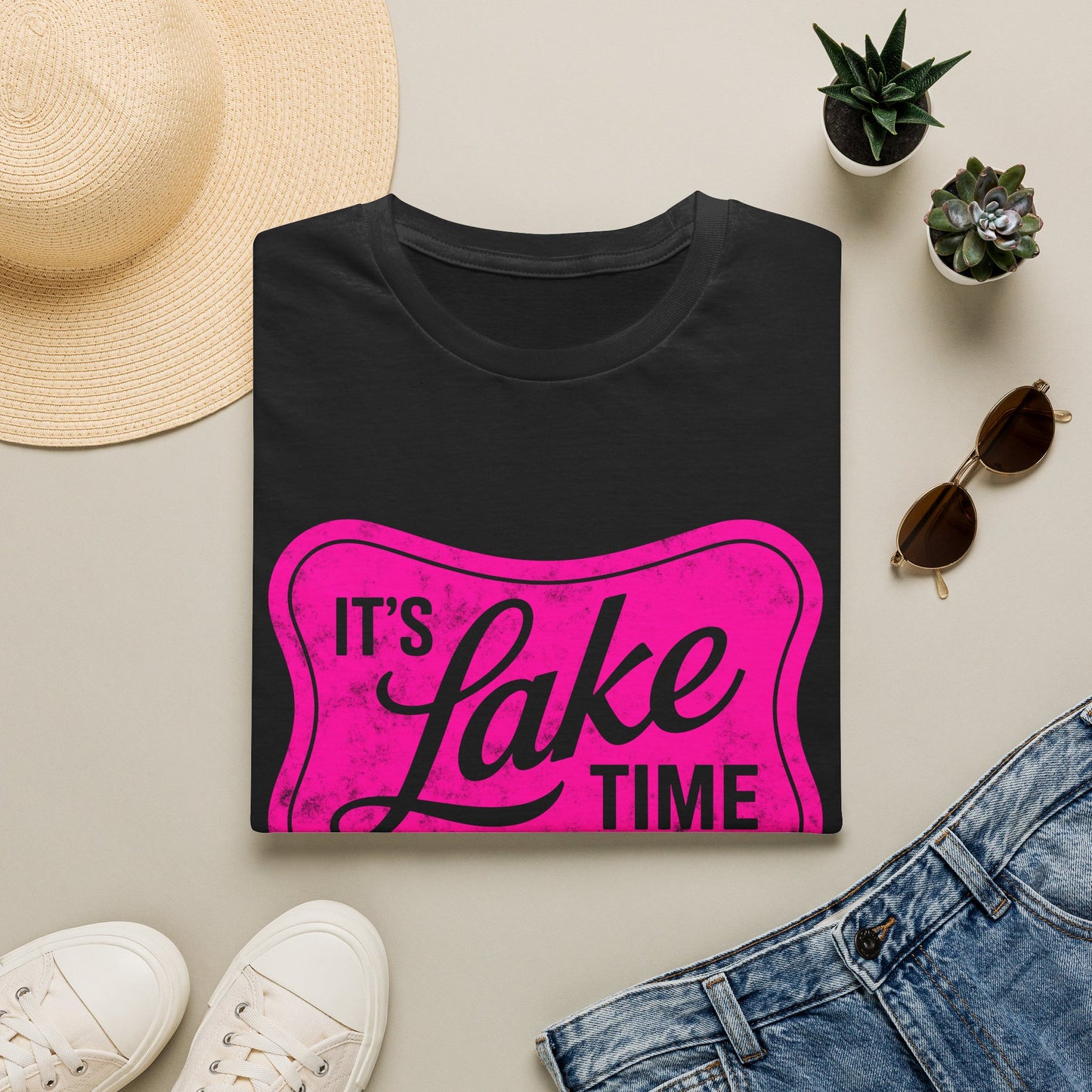 Lake Time T‑Shirt — "It's Lake Time" Retro Pink Graphic Tee