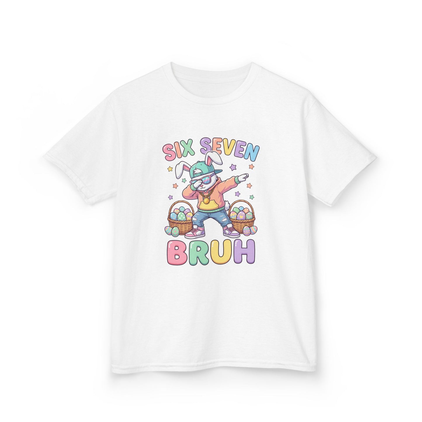 Kids "Six Seven Bruh" Graphic Tee — Cute Rainbow Skateboard Dino Shirt