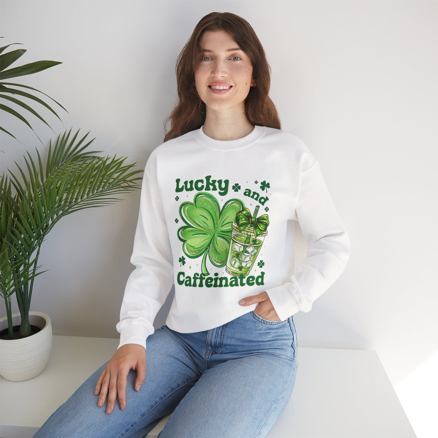 St. Patrick’s Sweatshirt - "Lucky and Caffeinated" Shamrock Coffee Crewneck
