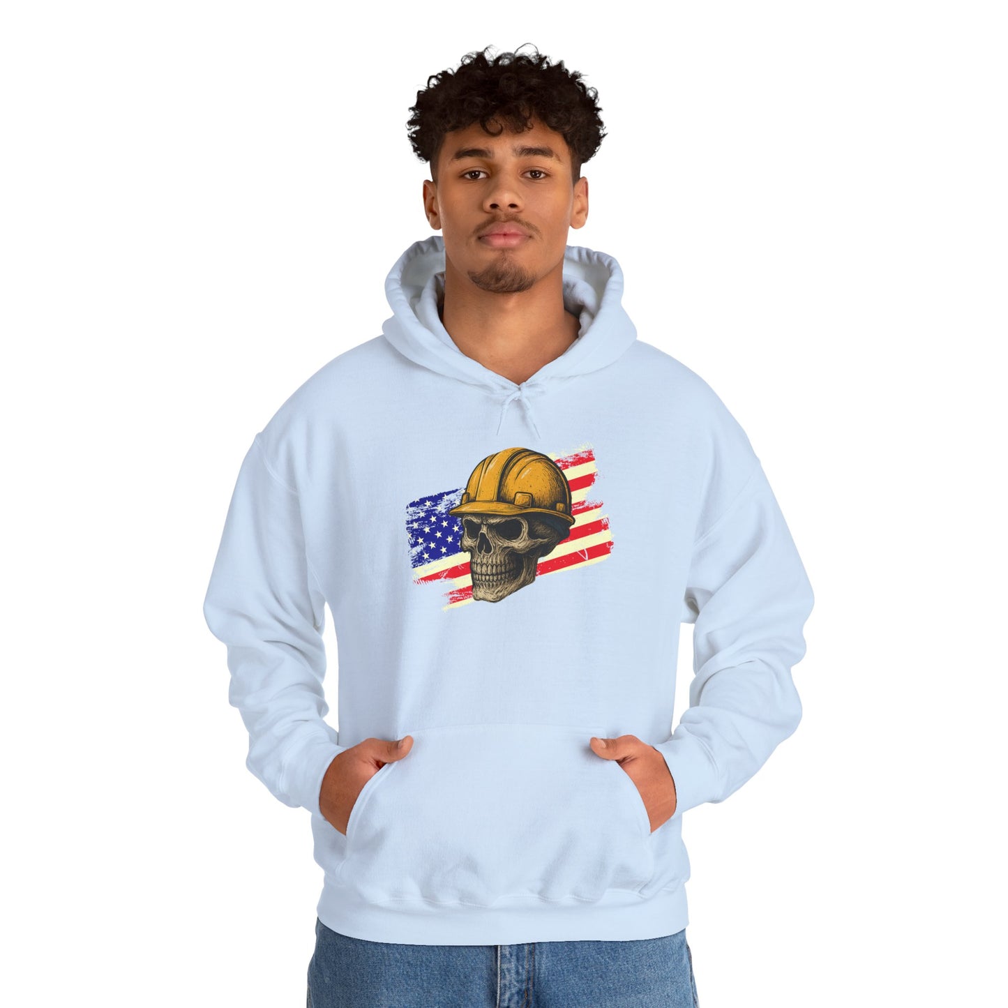 American Construction Skull Hoodie — Worker Hard Hat Flag Design