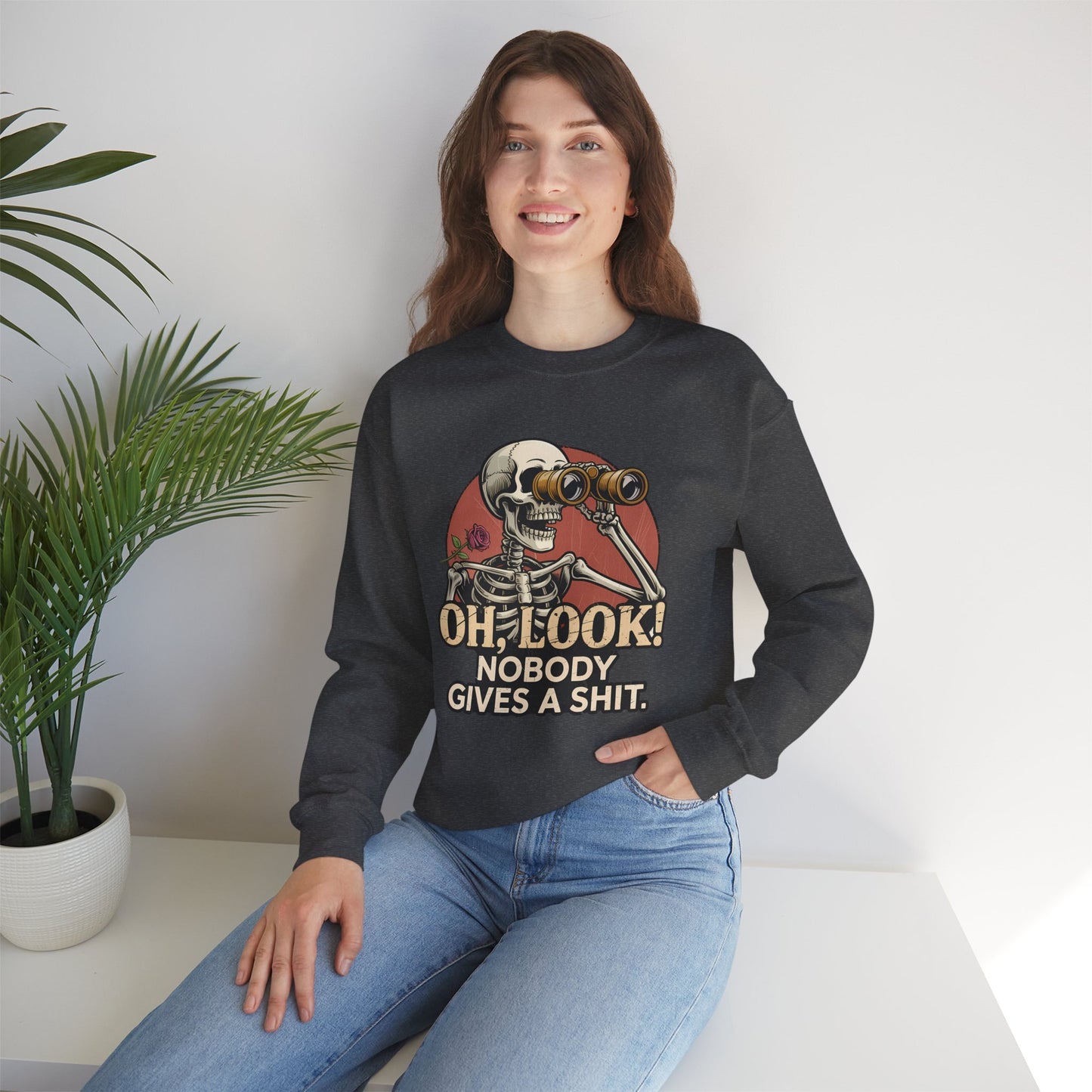 Crewneck Sweatshirt – 'Oh, Look! Nobody Gives a Shit.' Vintage Skeleton Graphic