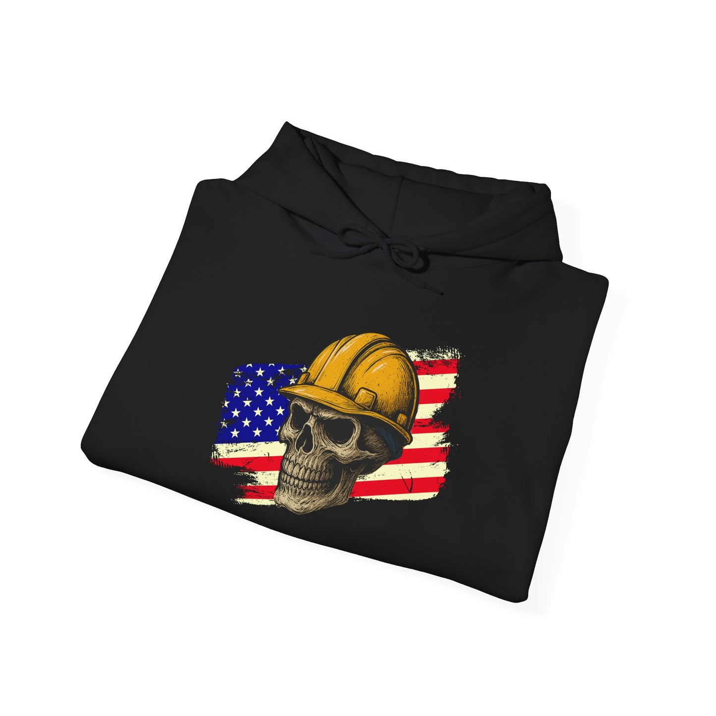 American Construction Skull Hoodie — Worker Hard Hat Flag Design