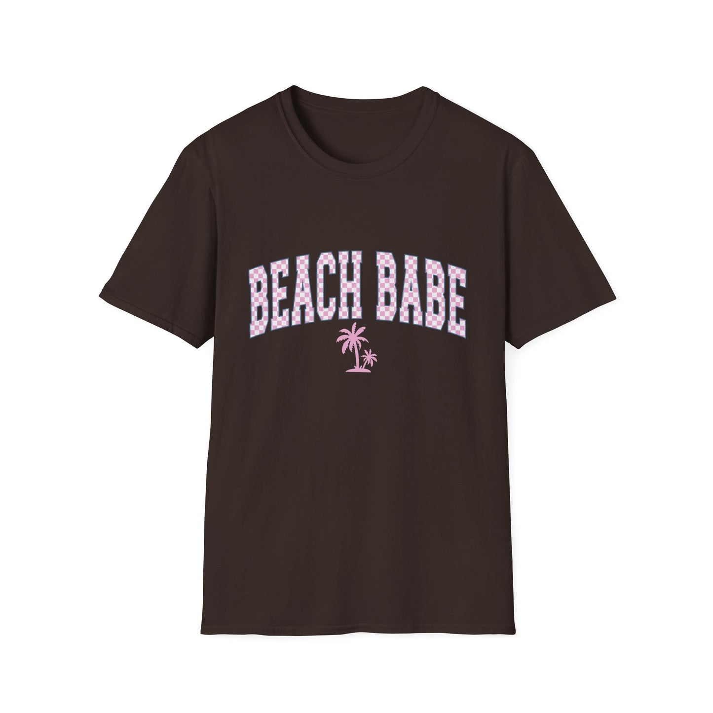 Beach Babe T-Shirt — Pink Check Retro Palm Tee for Summer & Vacation
