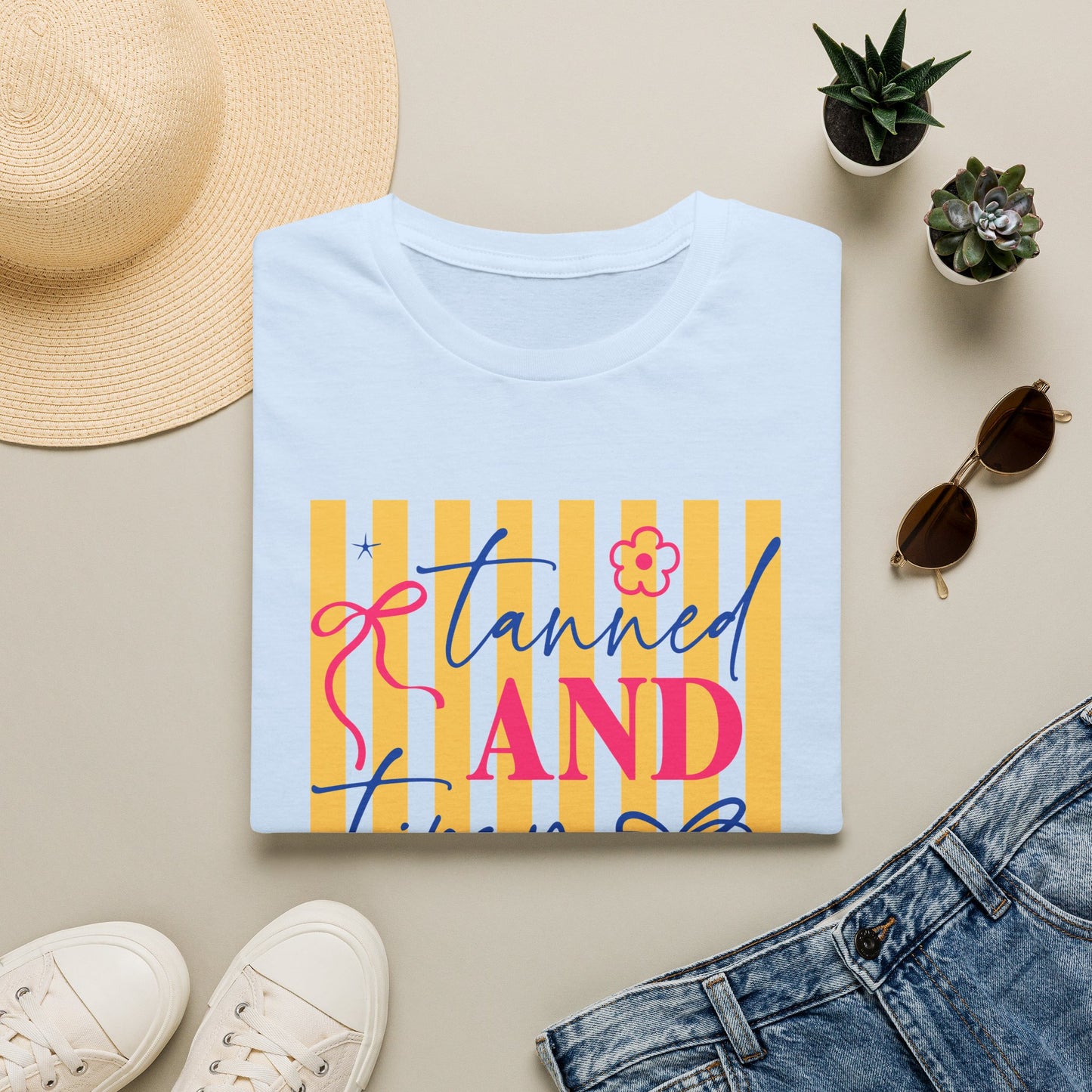 T-Shirt — "Tanned and Tipsy" Summer Stripe Graphic Tee