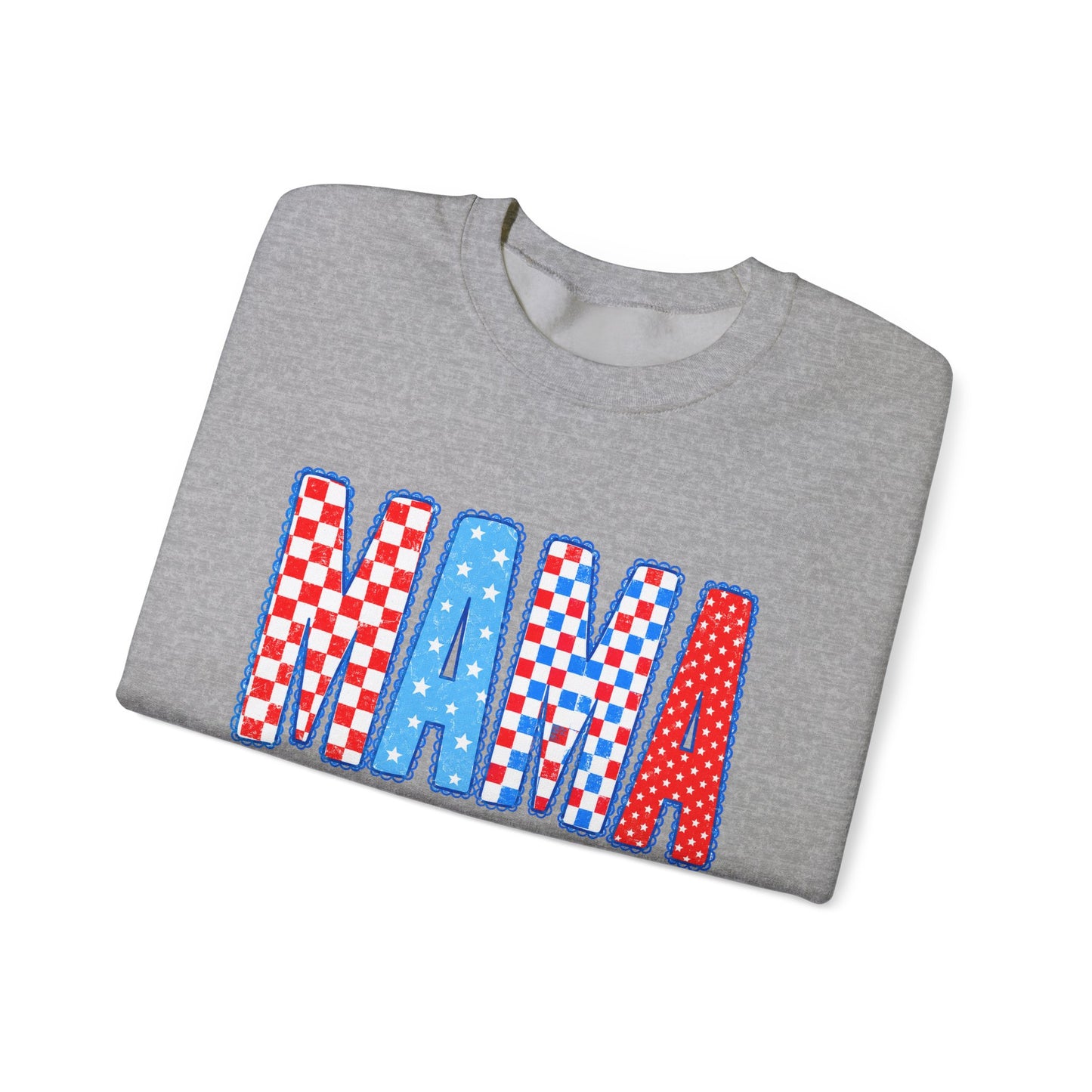 Mama Crewneck Sweatshirt — Red, White & Blue Patchwork Graphic