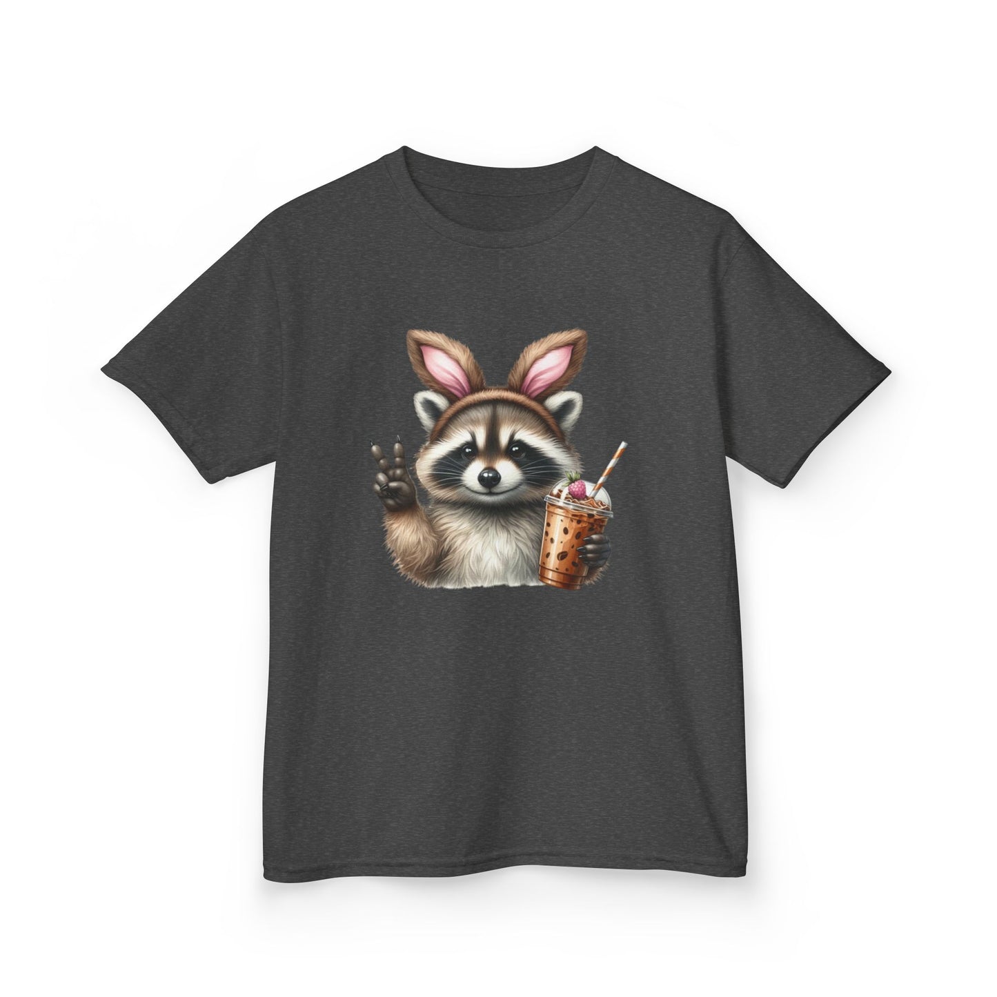 Kids Raccoon Bunny Ears Tee — Cute Peace Sign with Bubble Tea Graphic