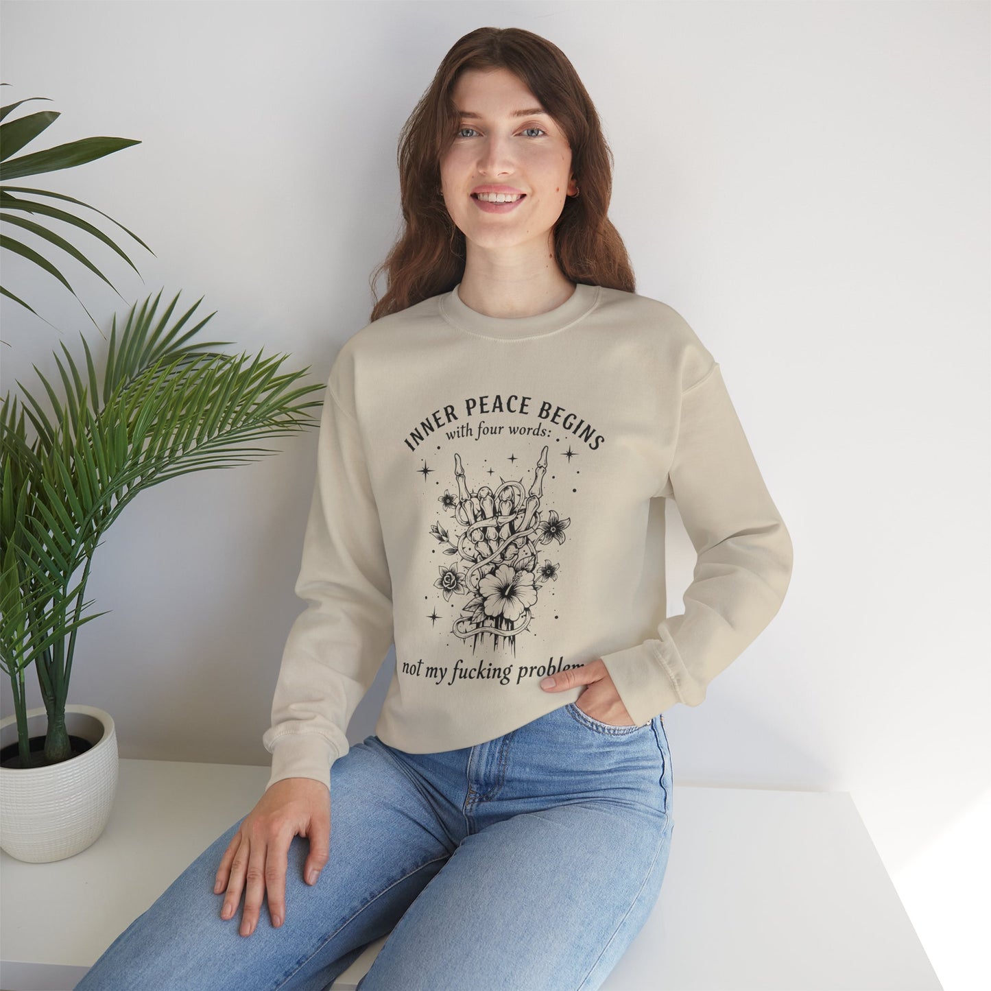 Crewneck Sweatshirt — "Inner Peace Begins... Not My Fucking Problem" Floral Hand Gesture Design