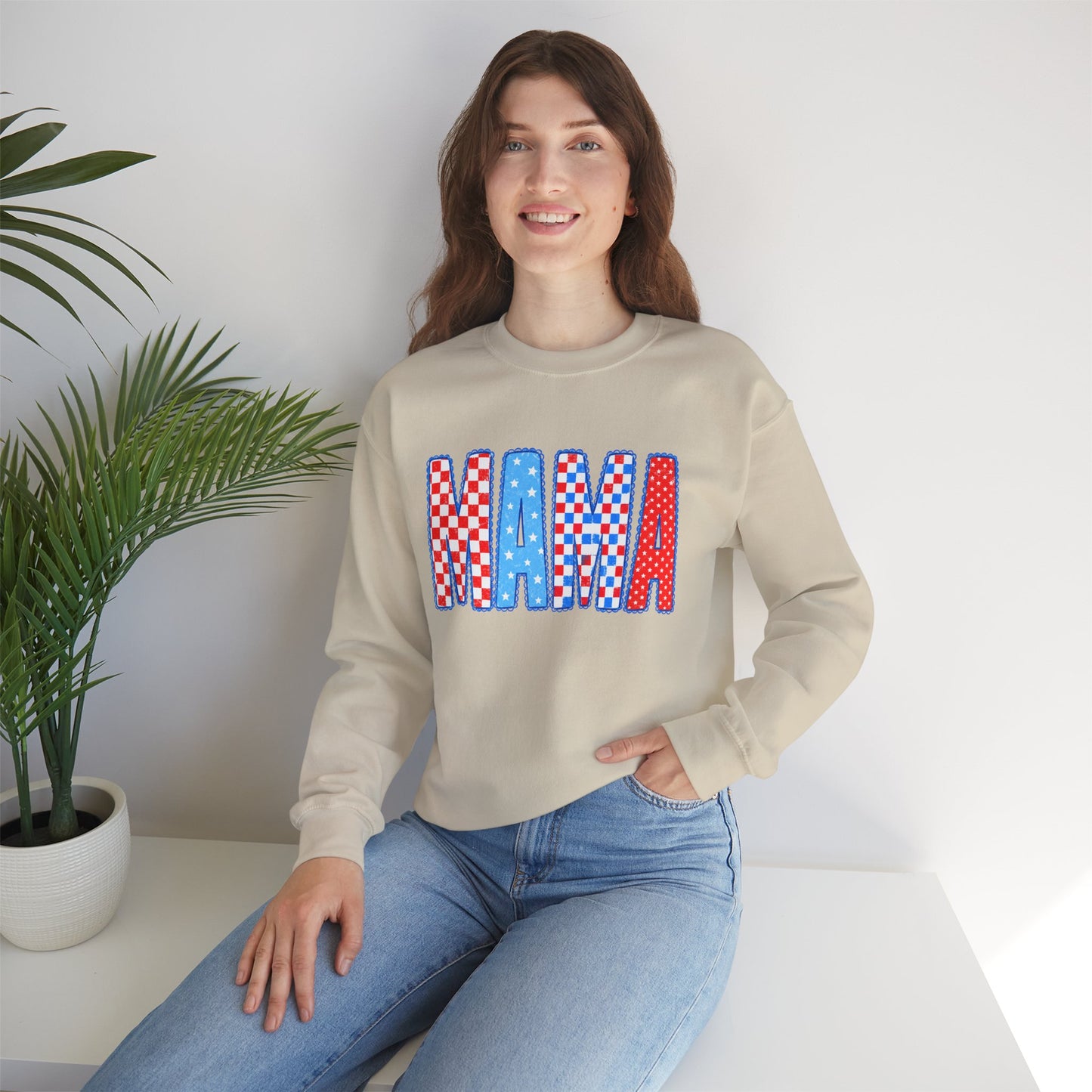 Mama Crewneck Sweatshirt — Red, White & Blue Patchwork Graphic