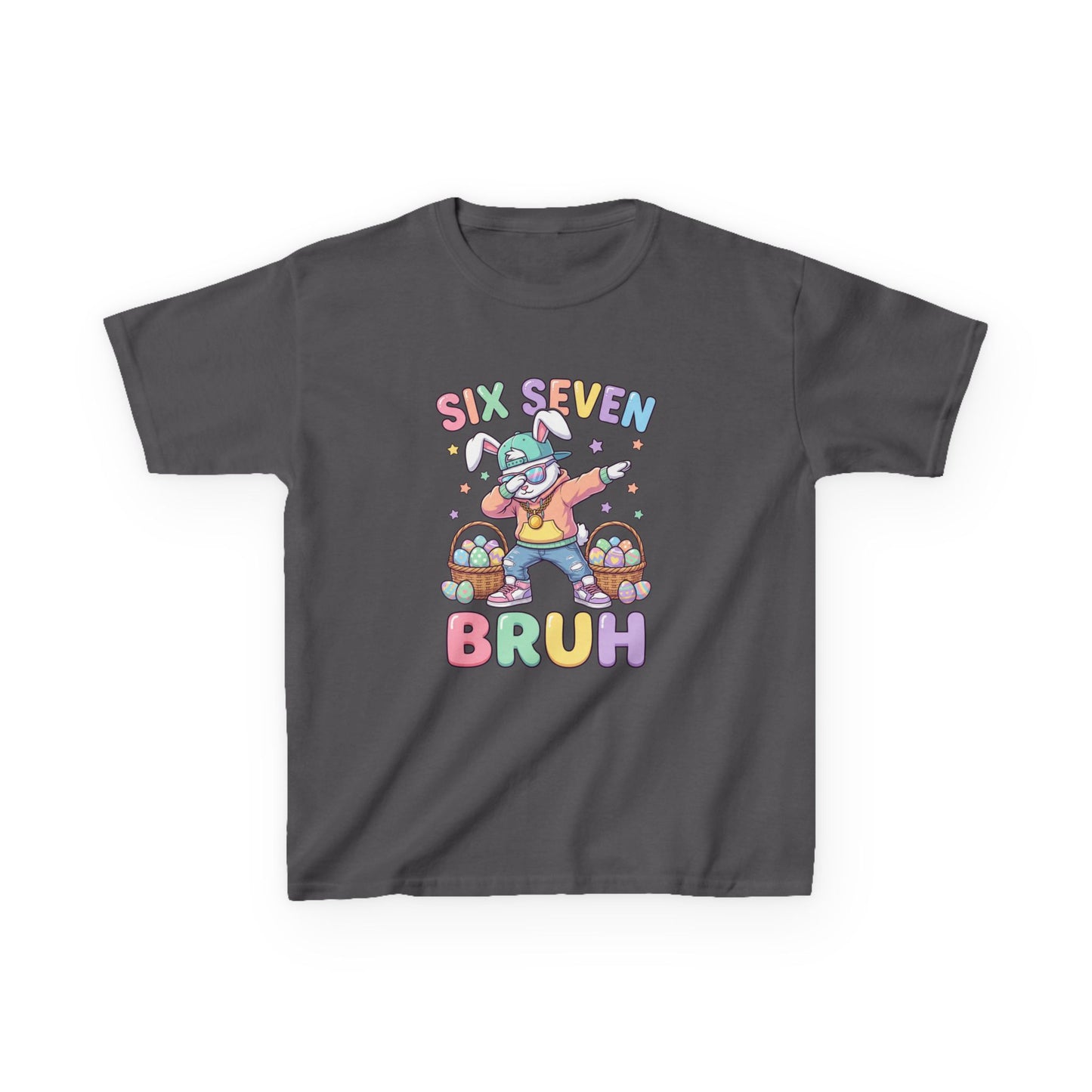 Kids "Six Seven Bruh" Graphic Tee — Cute Rainbow Skateboard Dino Shirt