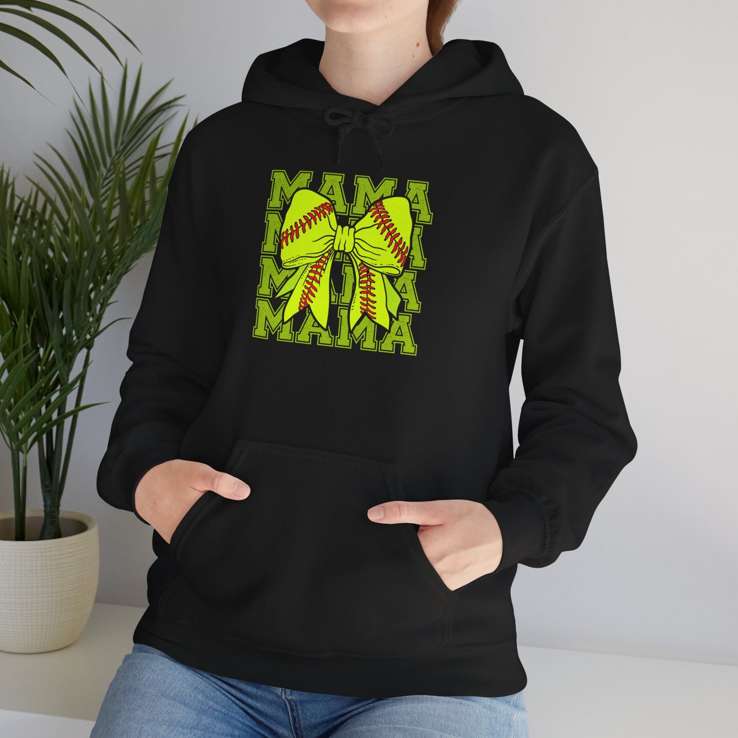 Softball Mama Hoodie — Neon Softball Graphic "Mama" Pullover