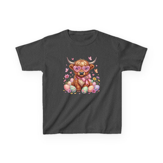 Kids Tee — Cute Highland Cow with Heart Glasses & Easter Eggs