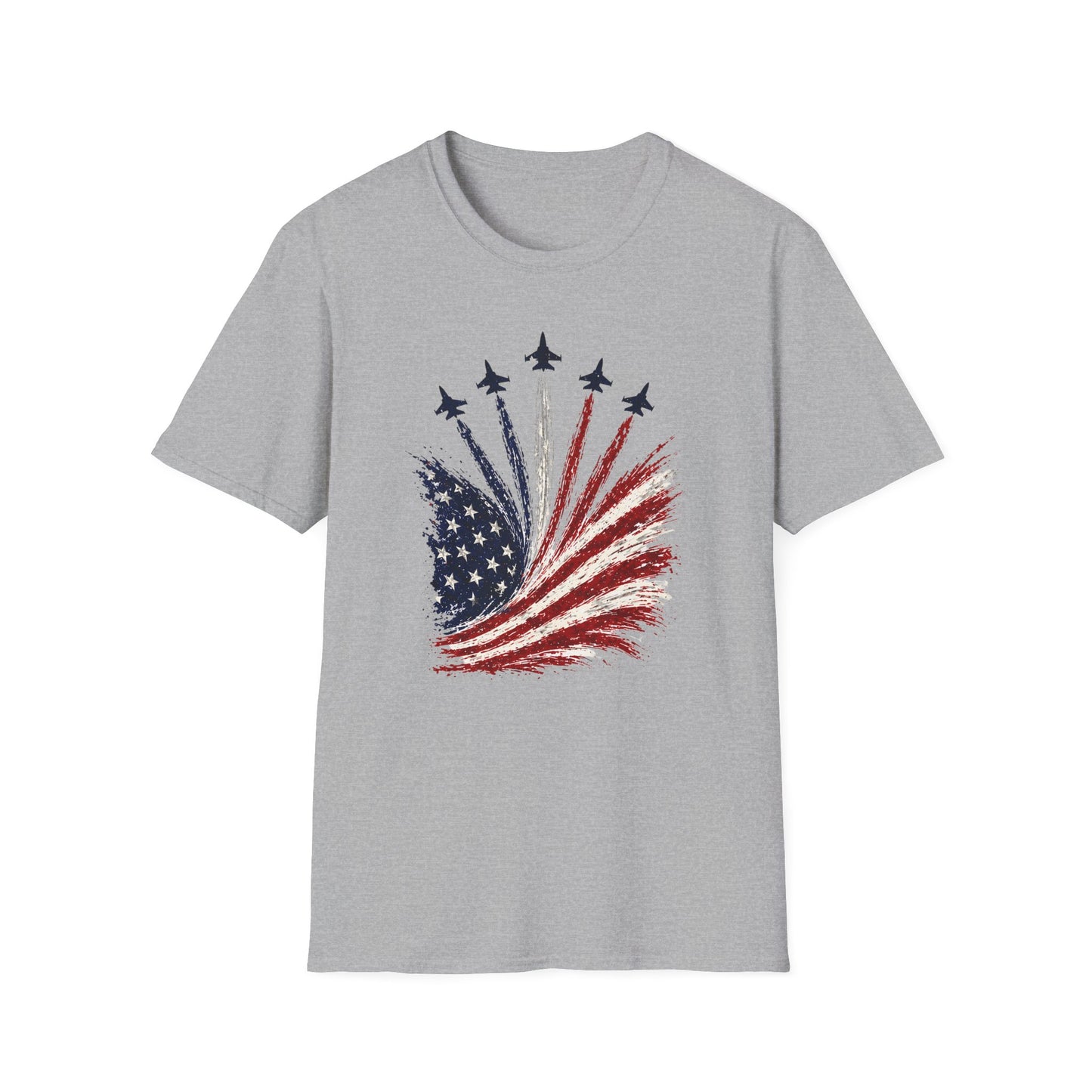 Patriotic Jet Flyover T-Shirt — American Flag Firework Plane Graphic Tee