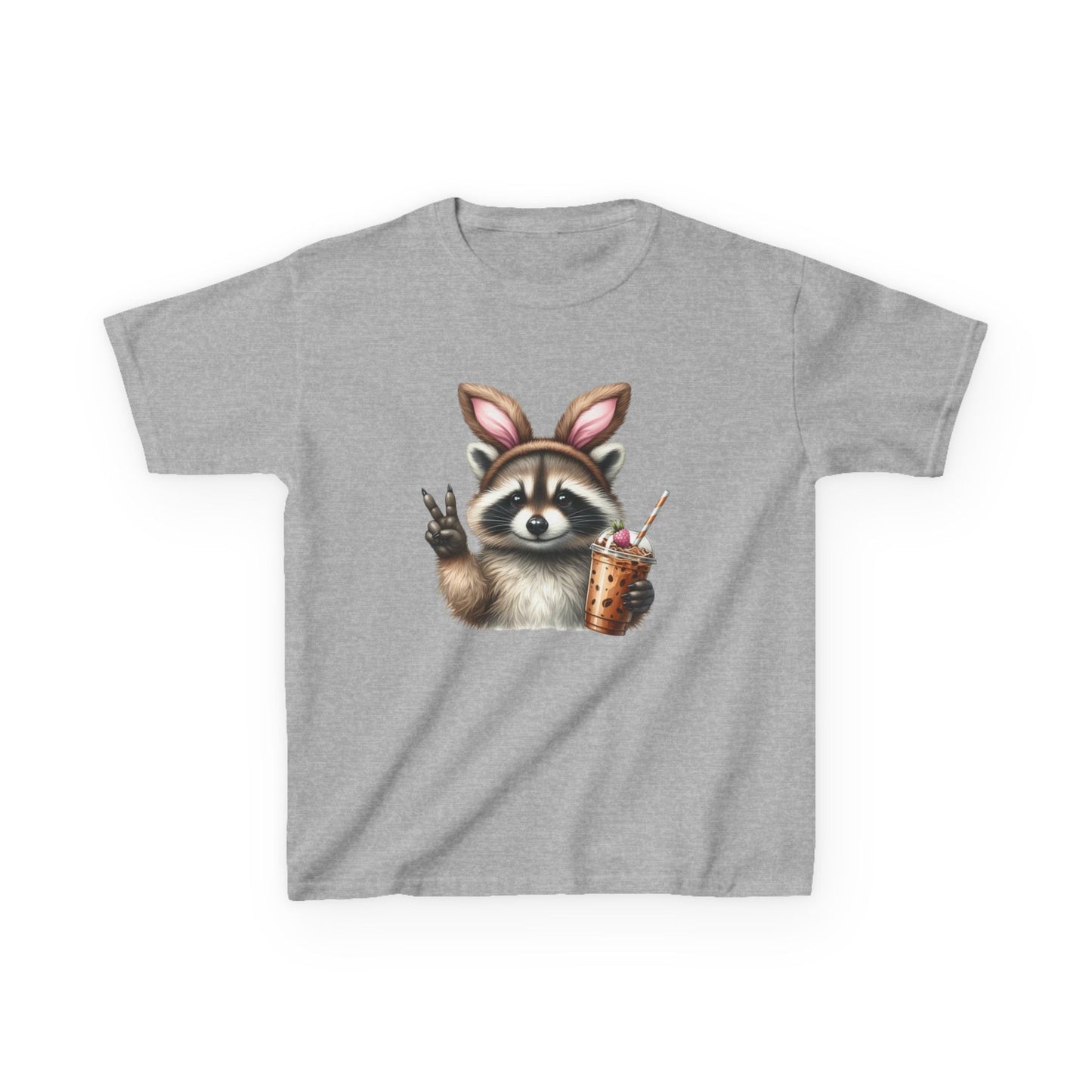 Kids Raccoon Bunny Ears Tee — Cute Peace Sign with Bubble Tea Graphic