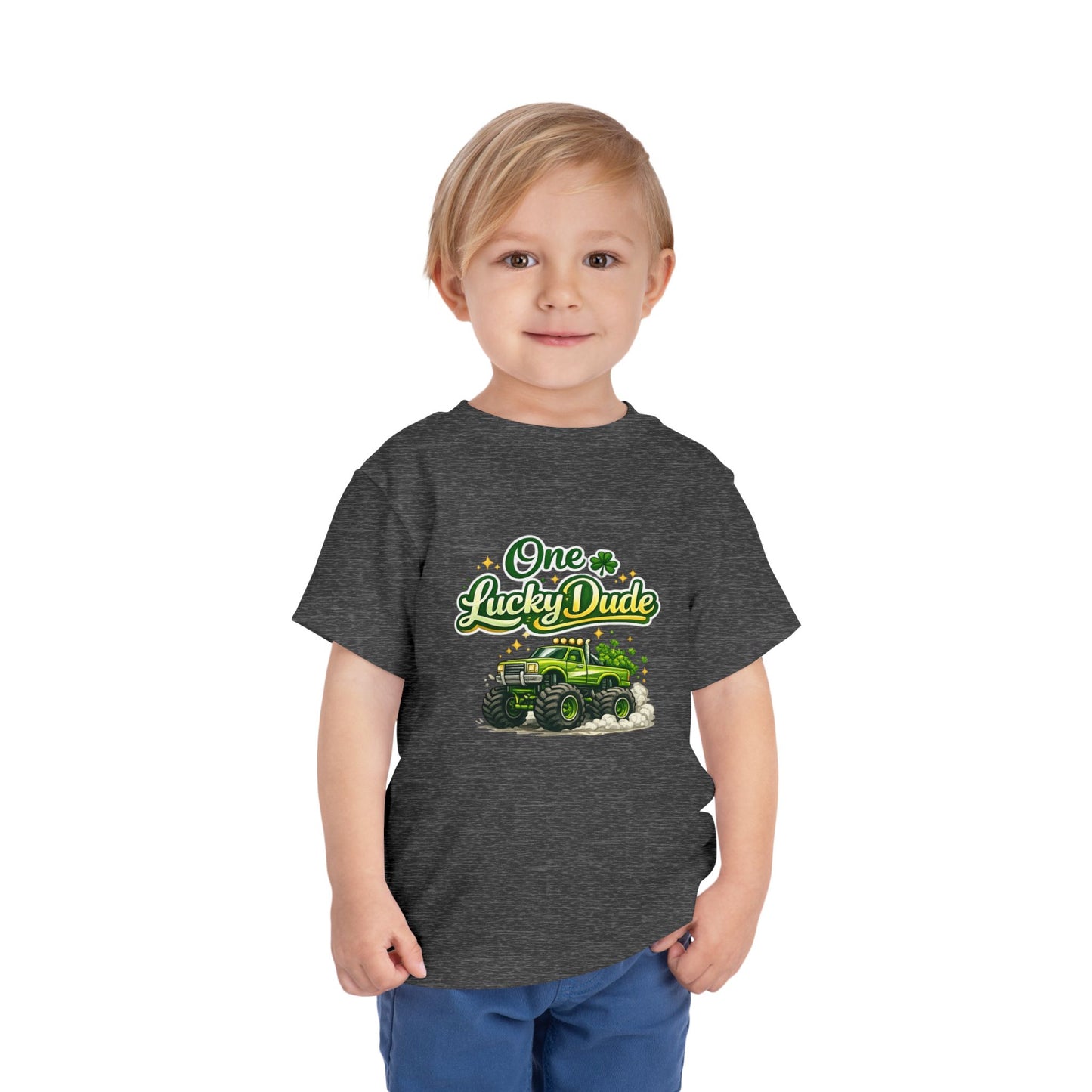 Toddler Tee — "One Lucky Dude" Green Monster Truck St. Patrick's Day Shirt