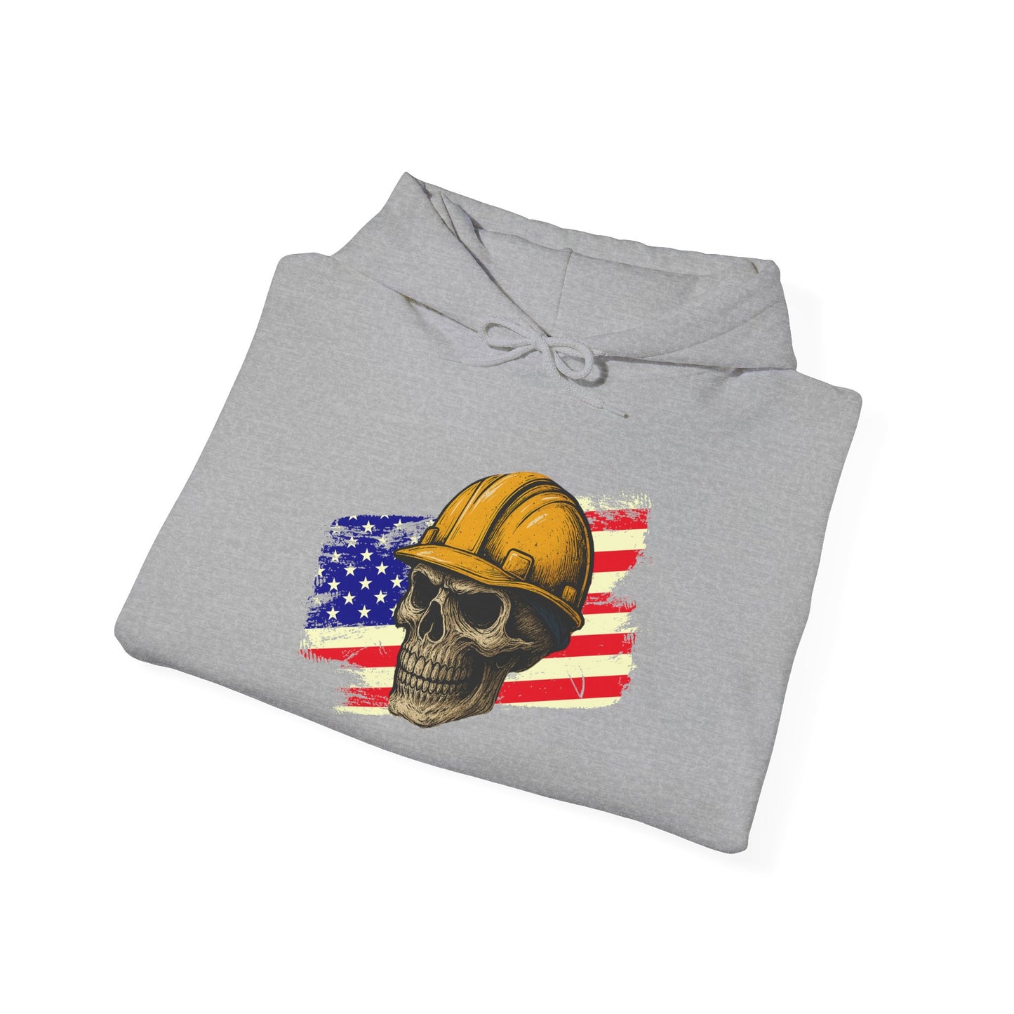 American Construction Skull Hoodie — Worker Hard Hat Flag Design