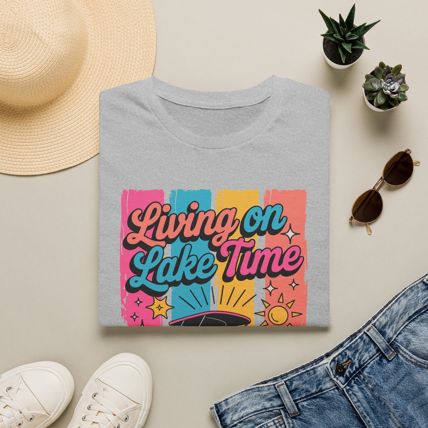 Lake Time T-Shirt — "Living on Lake Time" Retro Boat Graphic