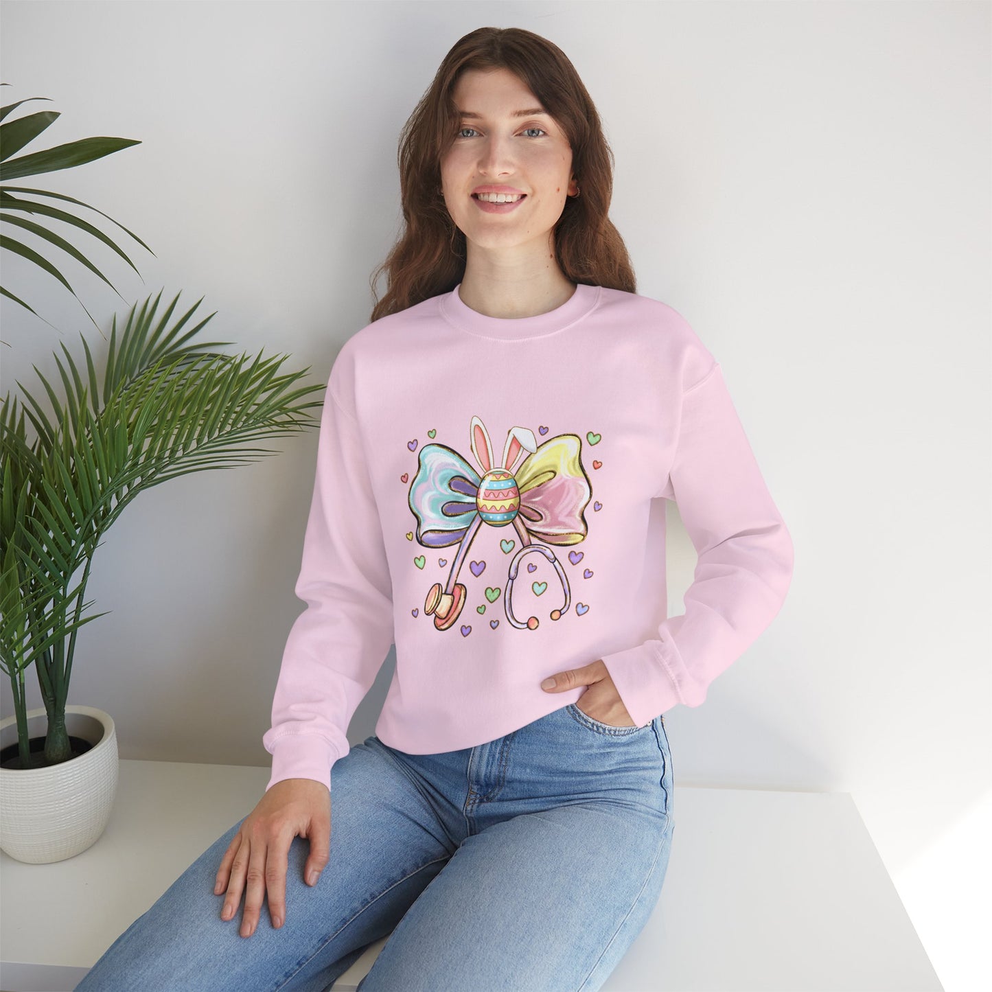 Easter Pastel Bow Crewneck Sweatshirt — Cute Bunny Egg Ribbon Design