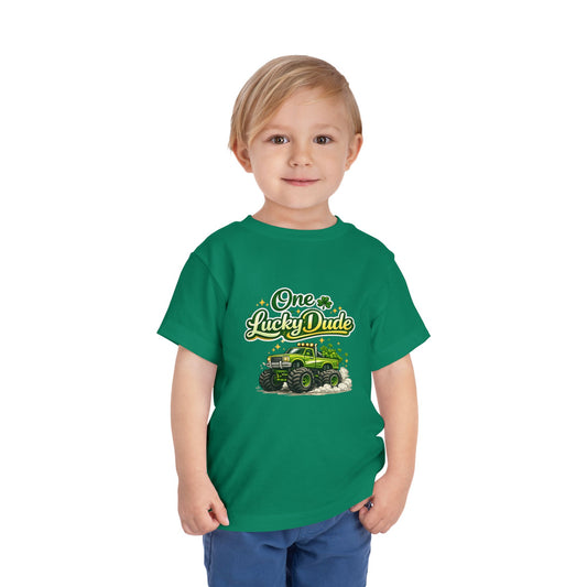 Toddler Tee — "One Lucky Dude" Green Monster Truck St. Patrick's Day Shirt