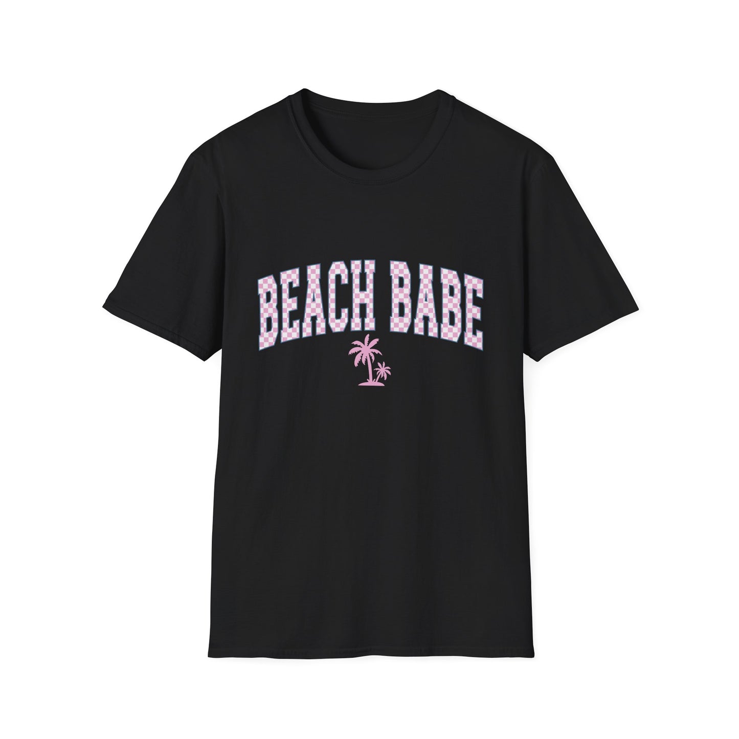 Beach Babe T-Shirt — Pink Check Retro Palm Tee for Summer & Vacation