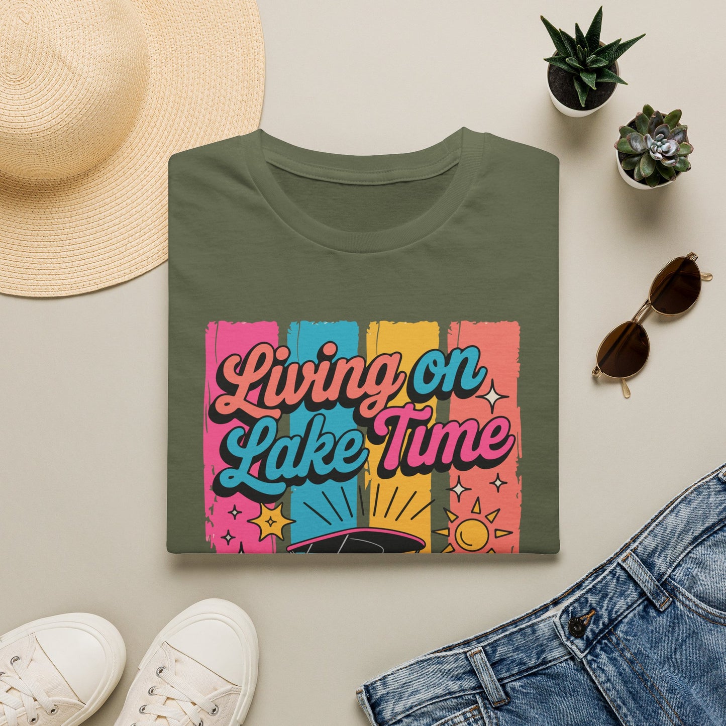 Lake Time T-Shirt — "Living on Lake Time" Retro Boat Graphic