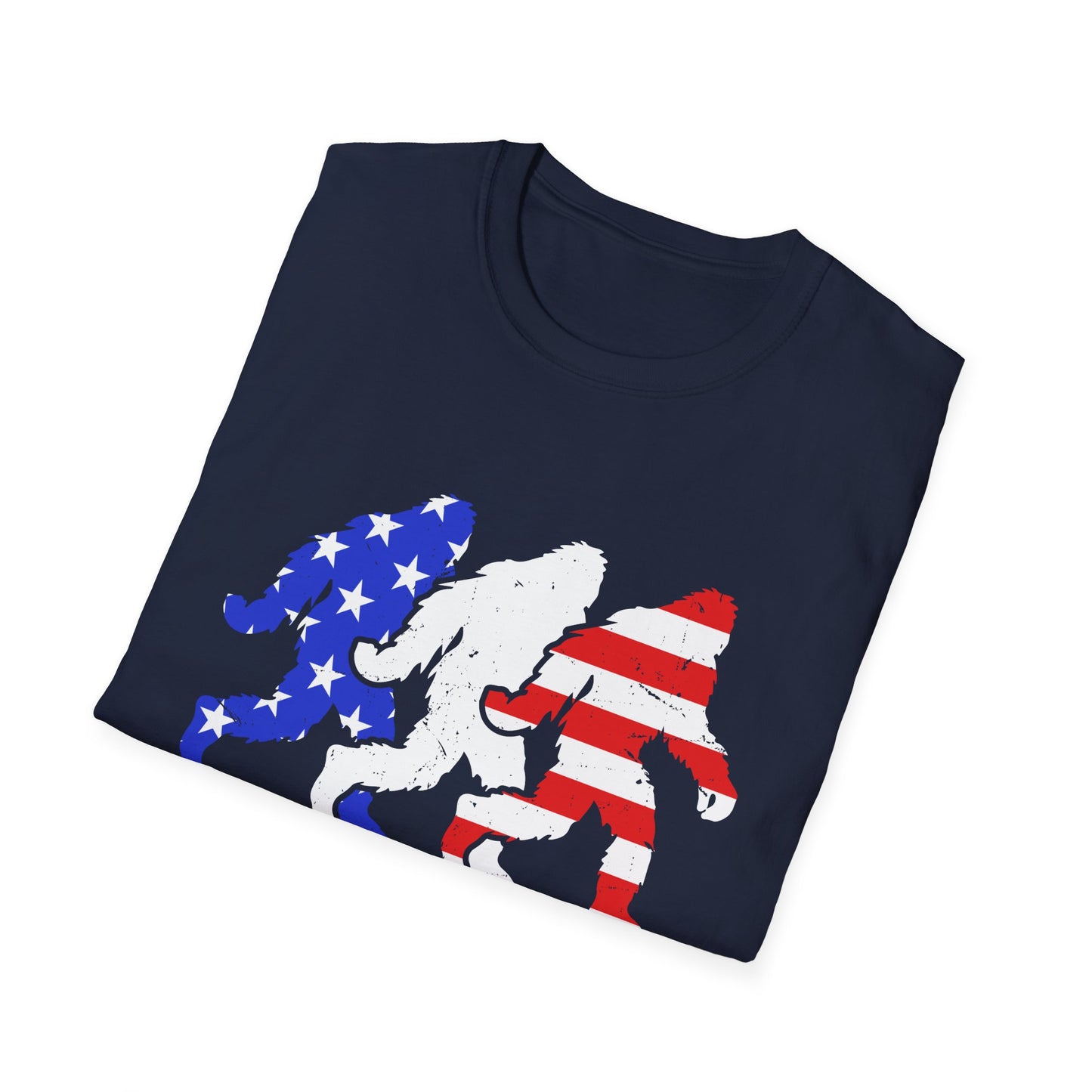 Patriotic Sasquatch Trio T-Shirt — American Flag Bigfoot Graphic Tee
