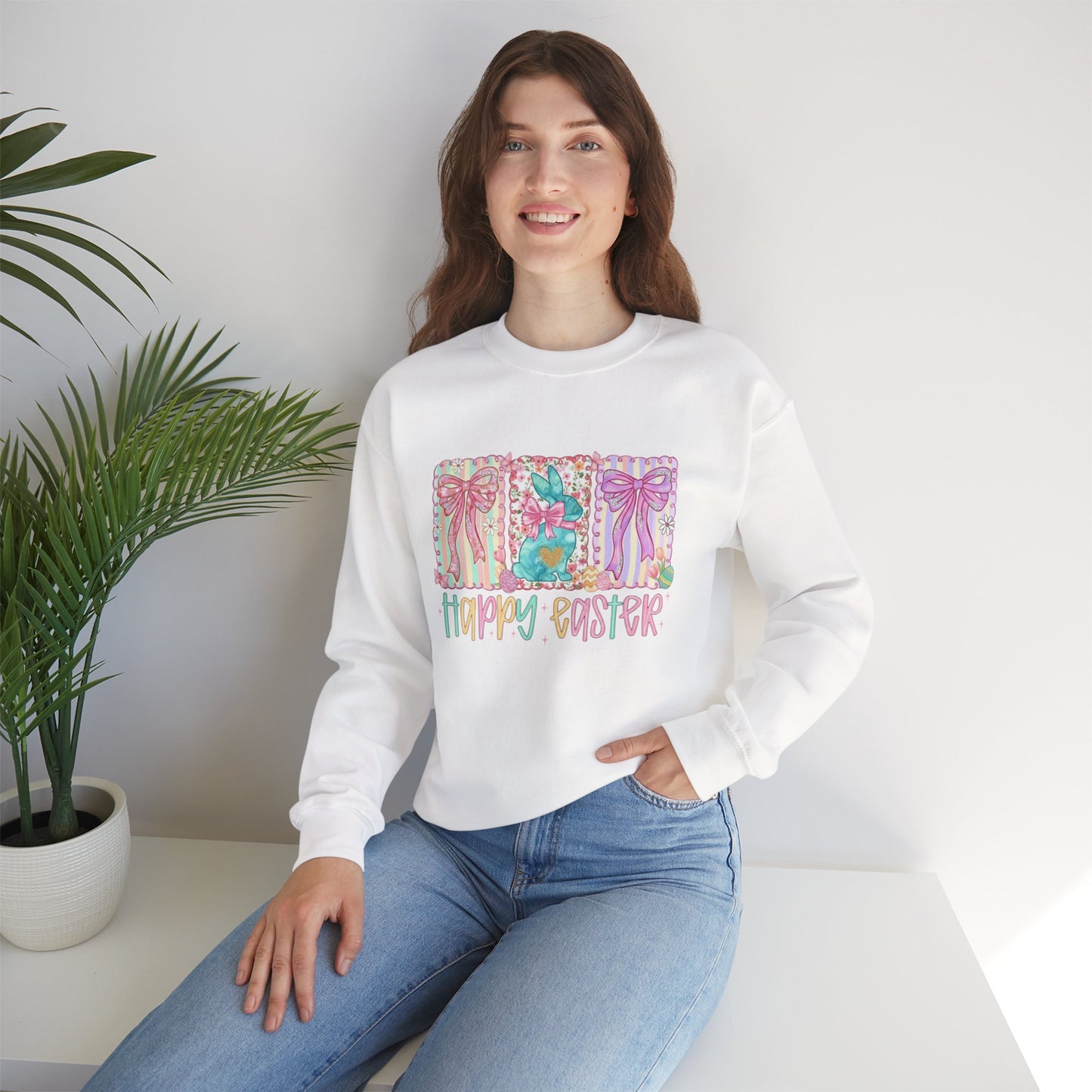 Easter Bunny Garden Sweatshirt — "Happy Easter" Pastel Holiday Crewneck