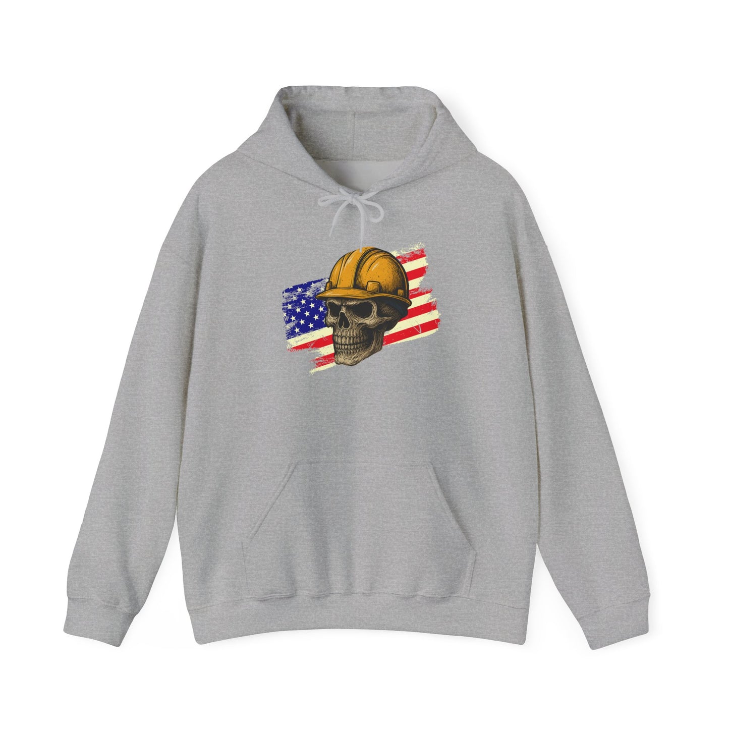American Construction Skull Hoodie — Worker Hard Hat Flag Design
