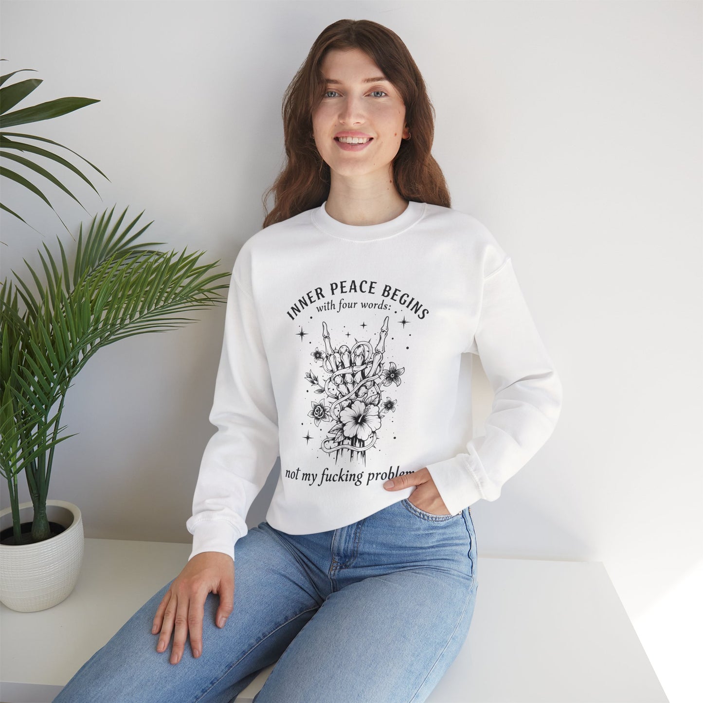 Crewneck Sweatshirt — "Inner Peace Begins... Not My Fucking Problem" Floral Hand Gesture Design