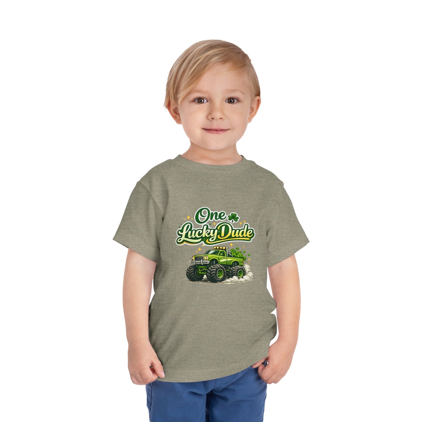 Toddler Tee — "One Lucky Dude" Green Monster Truck St. Patrick's Day Shirt
