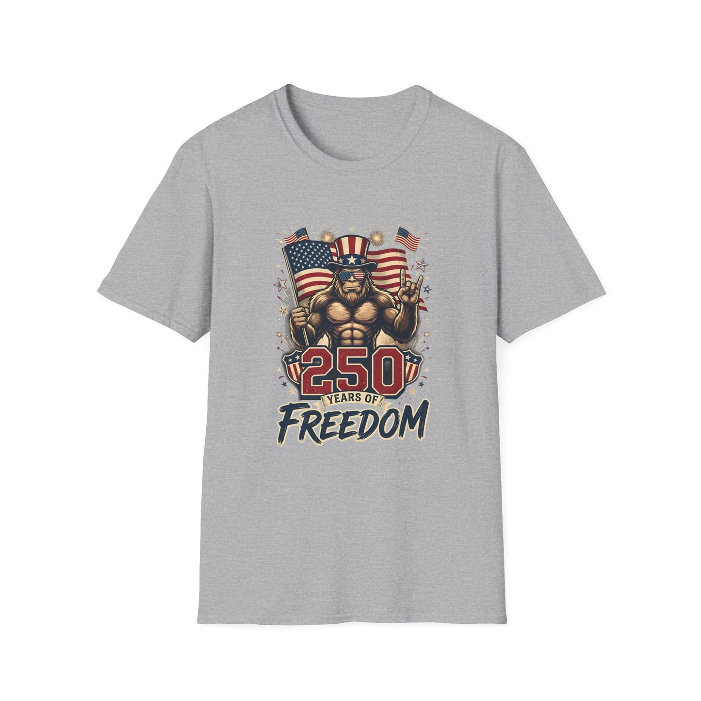 Patriotic '250 Years of Freedom' T-Shirt — Muscular Uncle Sam with American Flags