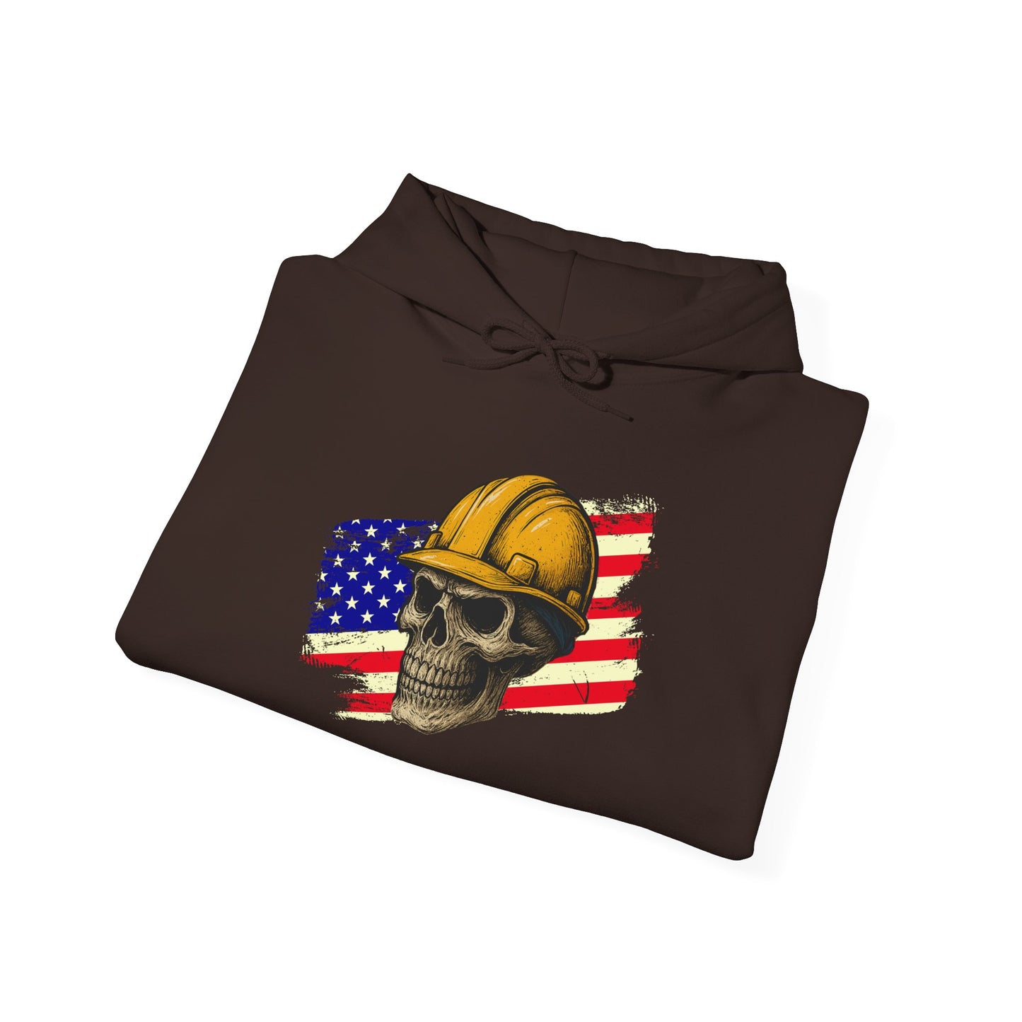 American Construction Skull Hoodie — Worker Hard Hat Flag Design