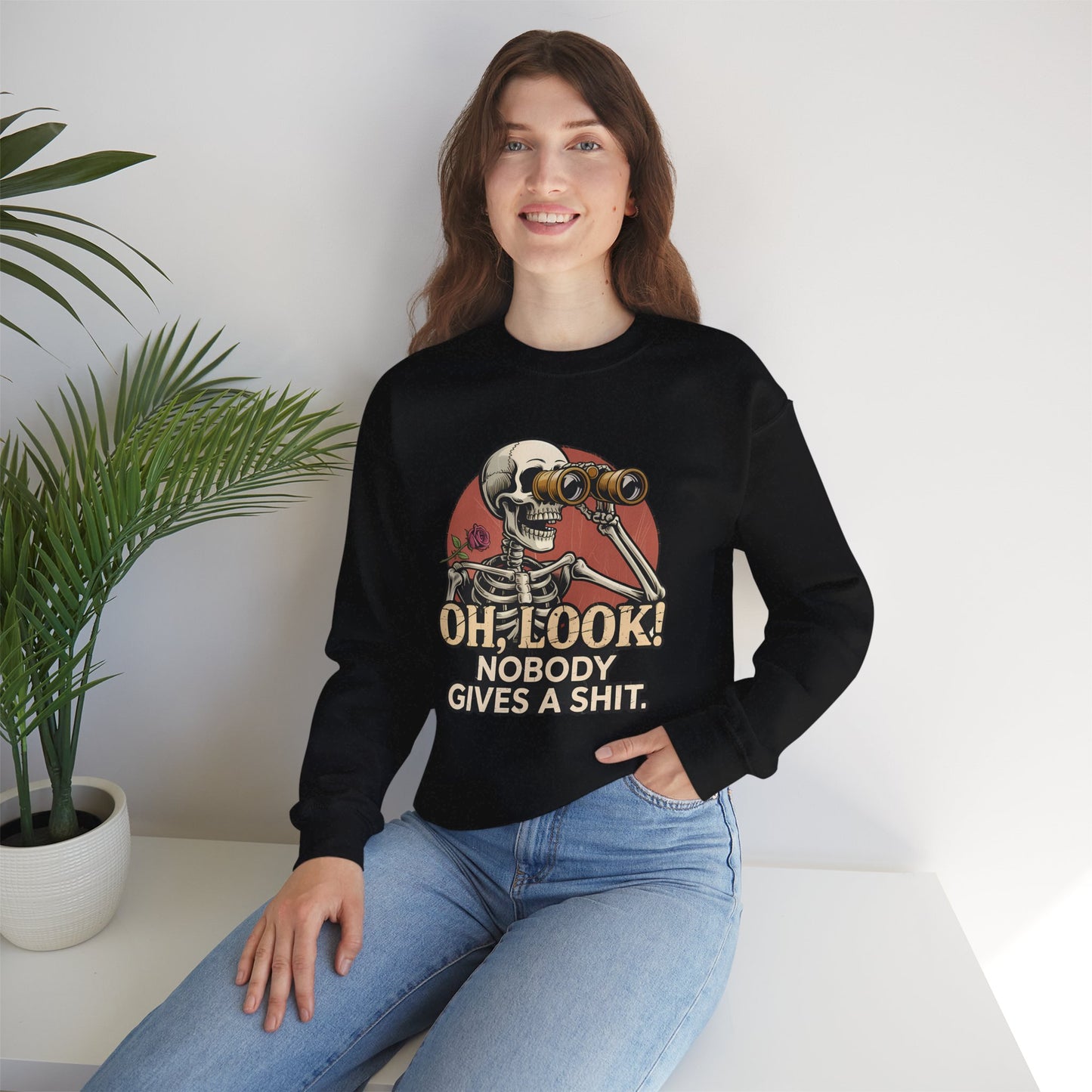 Crewneck Sweatshirt – 'Oh, Look! Nobody Gives a Shit.' Vintage Skeleton Graphic