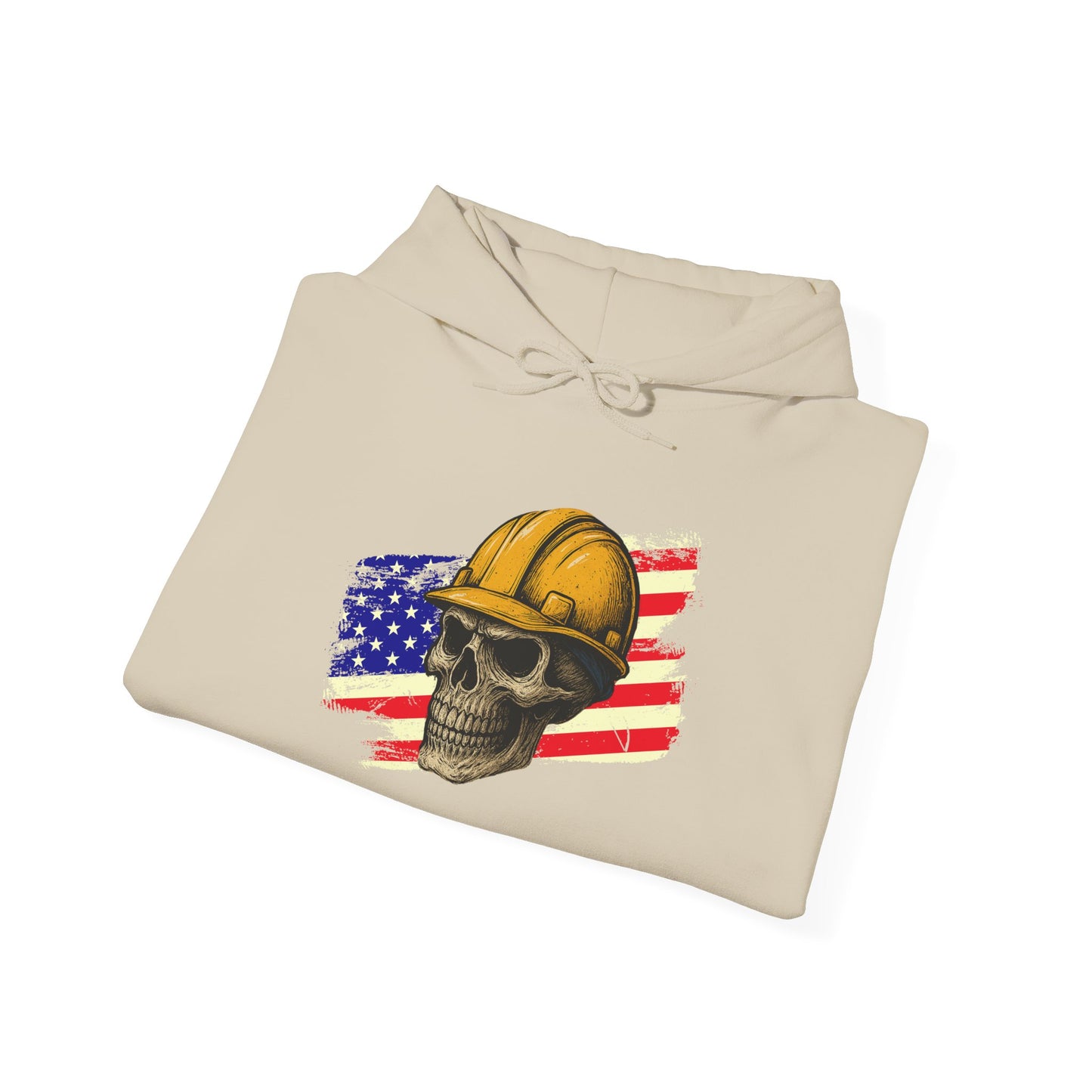 American Construction Skull Hoodie — Worker Hard Hat Flag Design