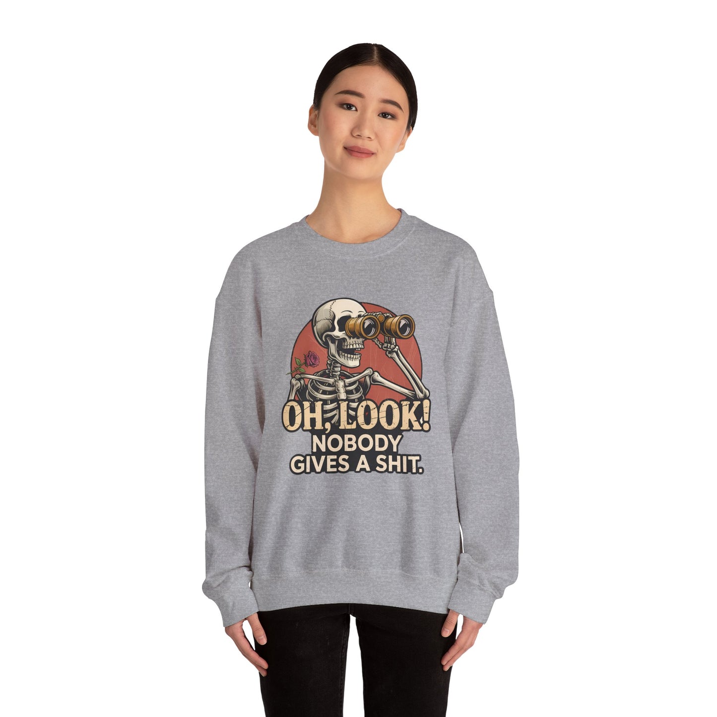 Crewneck Sweatshirt – 'Oh, Look! Nobody Gives a Shit.' Vintage Skeleton Graphic