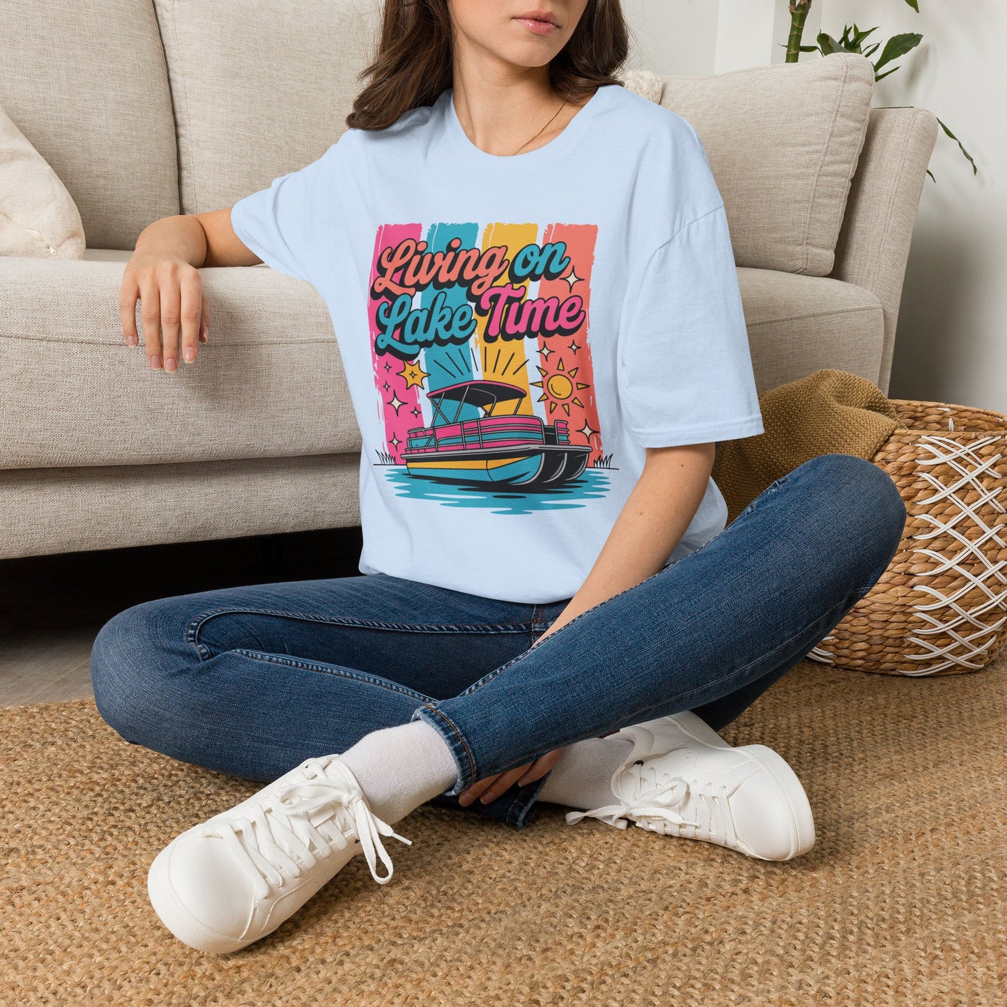 Lake Time T-Shirt — "Living on Lake Time" Retro Boat Graphic