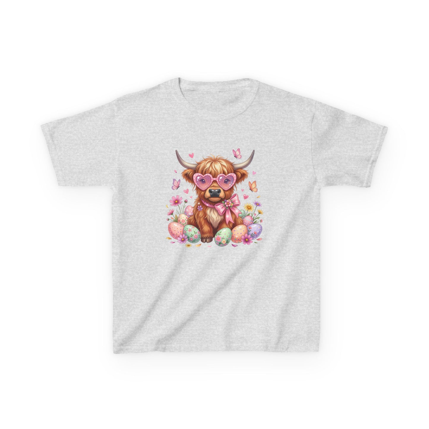 Kids Tee — Cute Highland Cow with Heart Glasses & Easter Eggs