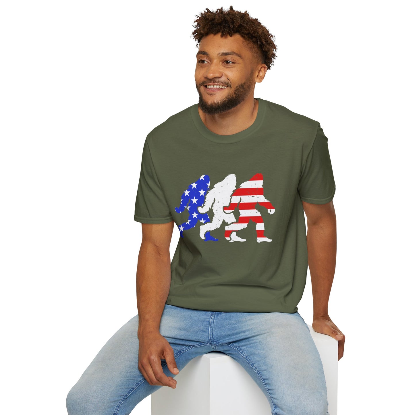 Patriotic Sasquatch Trio T-Shirt — American Flag Bigfoot Graphic Tee