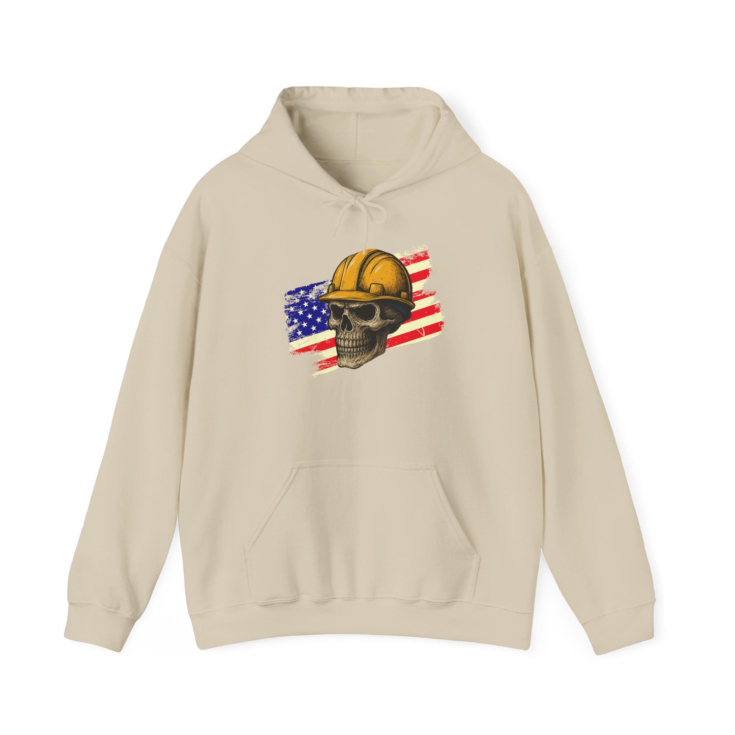 American Construction Skull Hoodie — Worker Hard Hat Flag Design