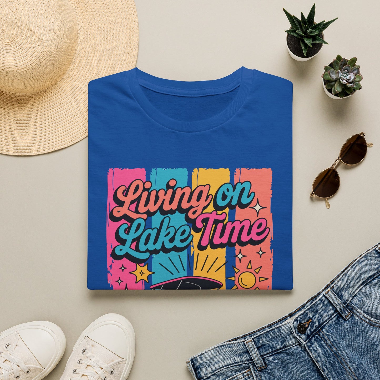 Lake Time T-Shirt — "Living on Lake Time" Retro Boat Graphic