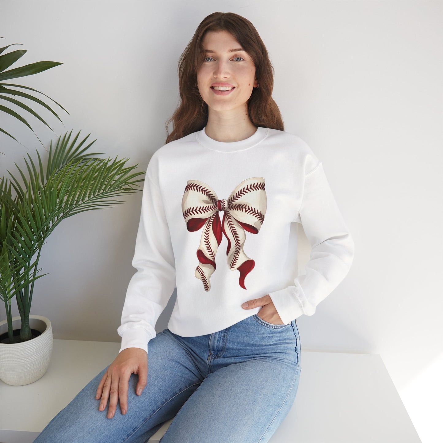 Baseball Stitch Bow Sweatshirt — Cute Sports Ribbon Crewneck