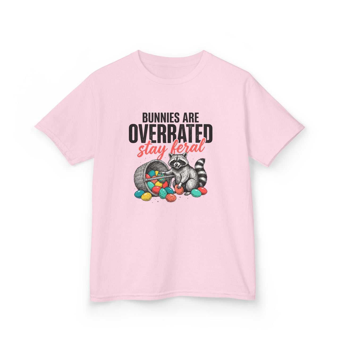 Kids Tee — “Bunnies Are Overrated, Stay Feral” Raccoon Easter Shirt
