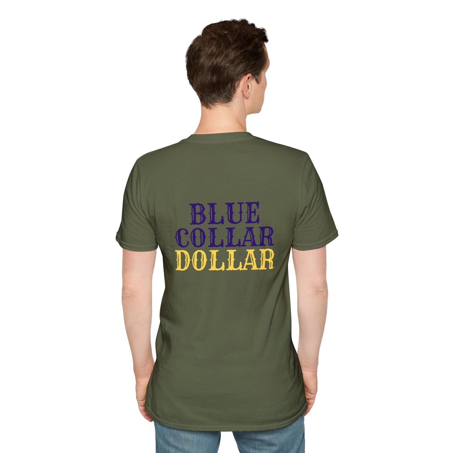 Blue Collar Dollar T‑Shirt — 'BC' Chest Logo & Bold Back Graphic
